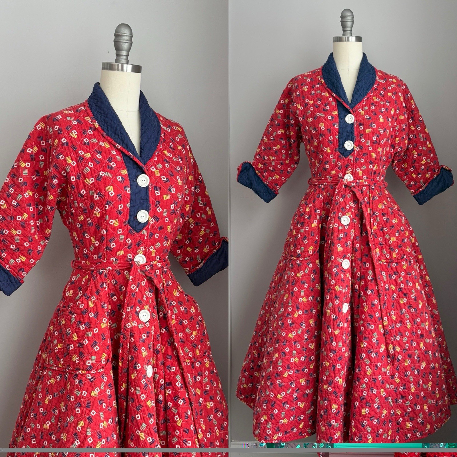 Vintage 40’s 50’s Quilted Cotton Full Circle Skirt Robe Dressing Gown Size XS