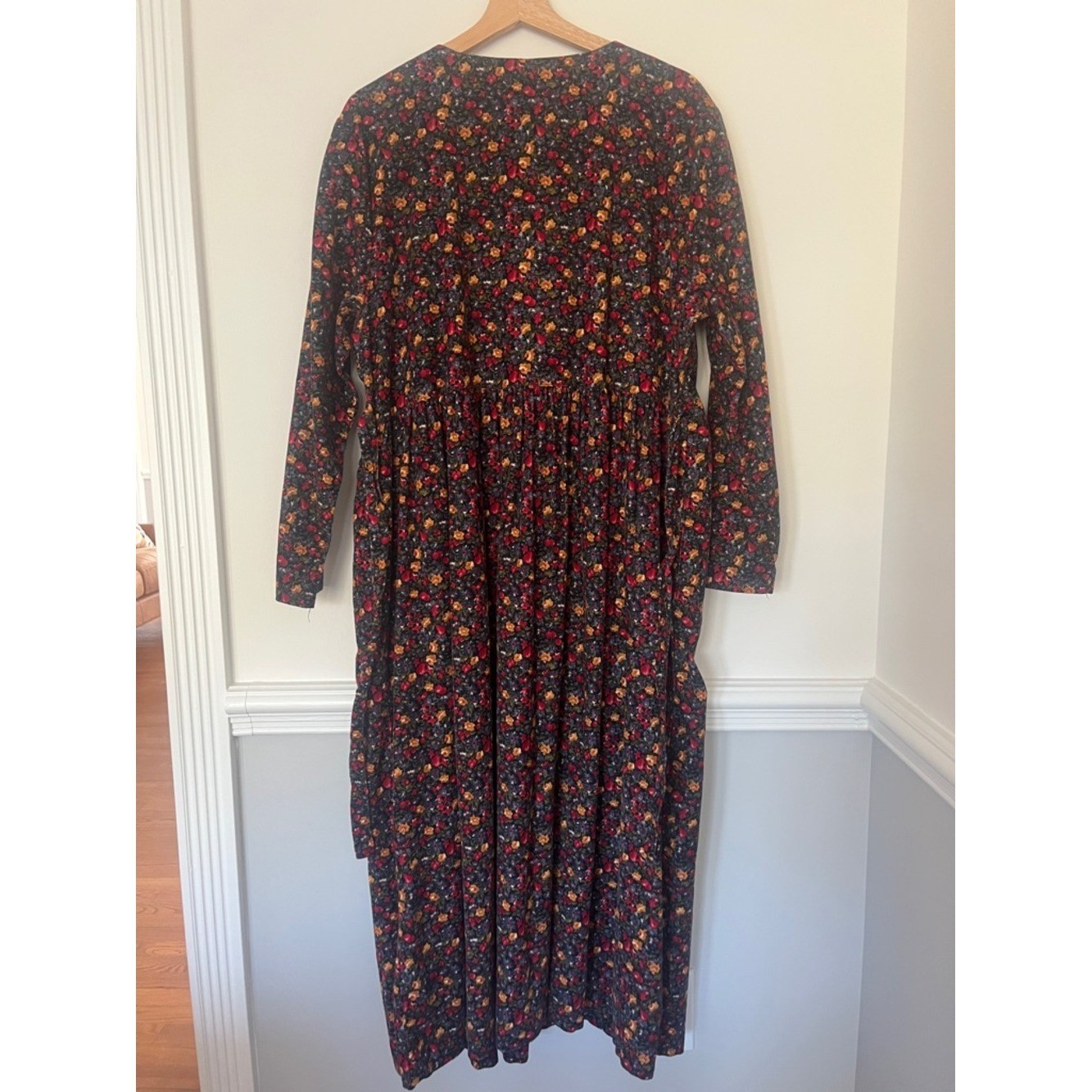Vtg Country Trad Wife Floral Maxi Dress Large Long Sleeve Corduroy Cotton