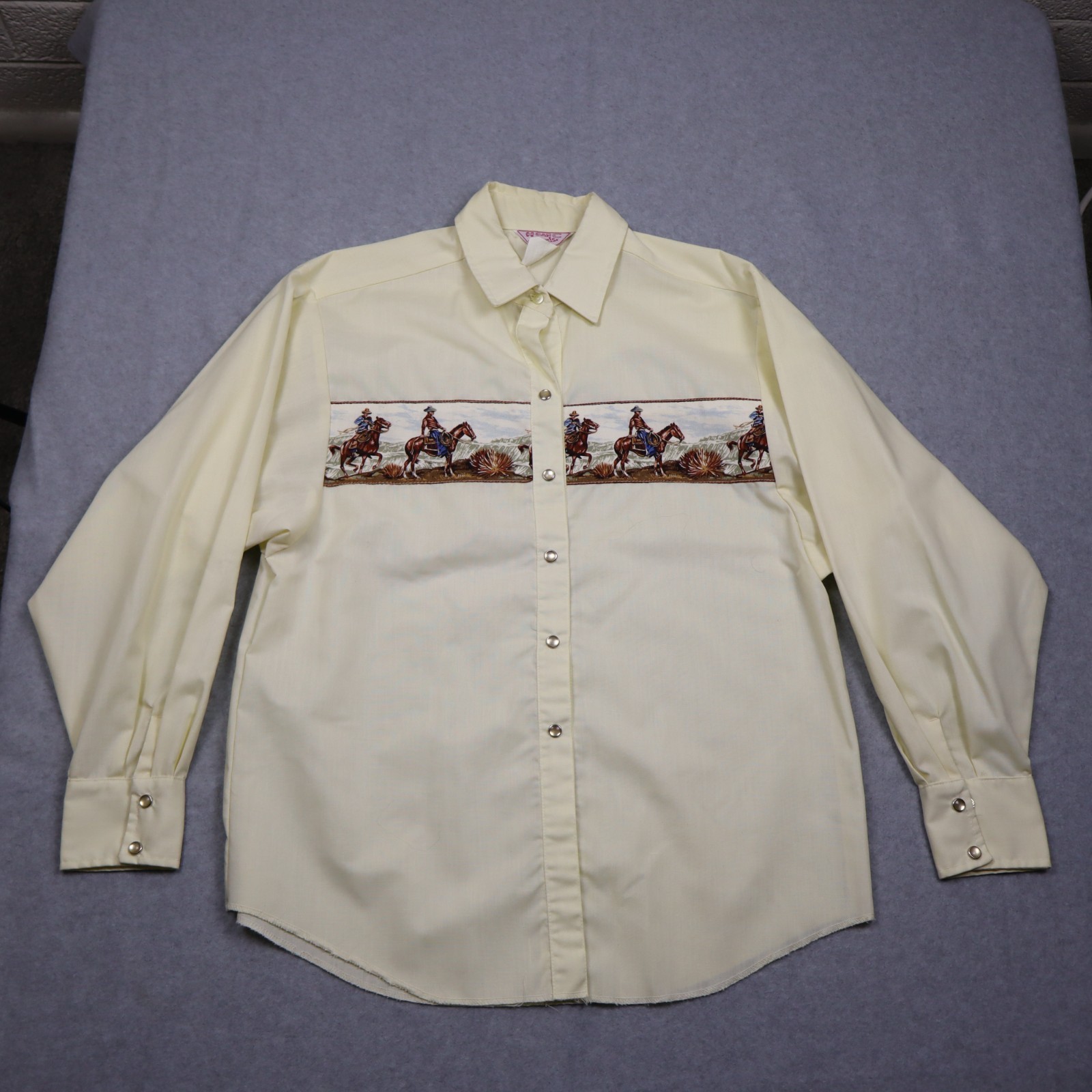 Vintage H Bar C Shirt Womens 14/38 Cream Graphic Front Pearl Snap Western