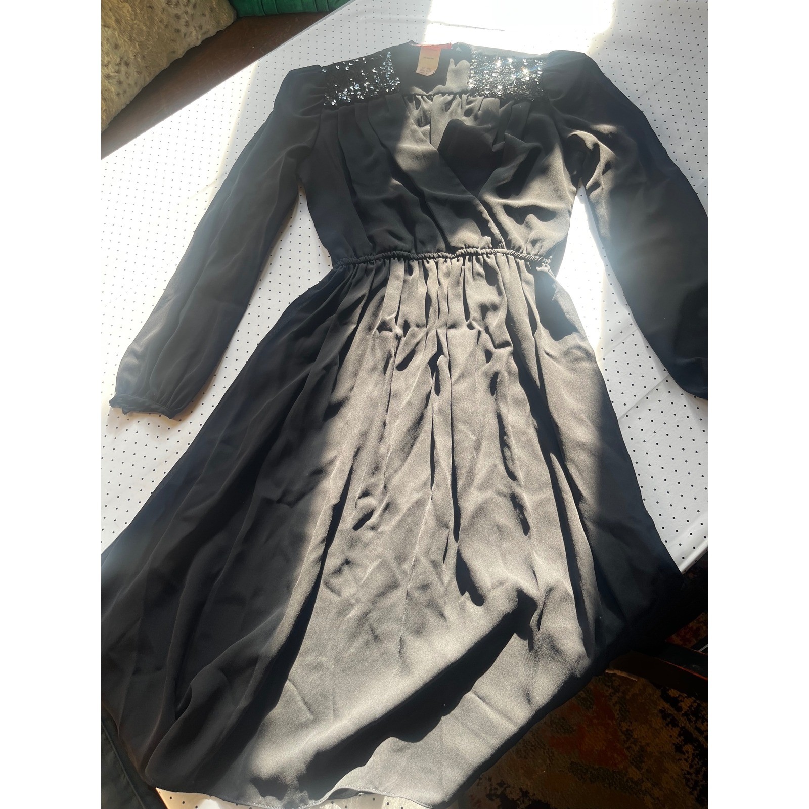 Vintage 80s Dress Black Sequin Shoulder Cocktail Midi Dress Long Sleeve Size 8