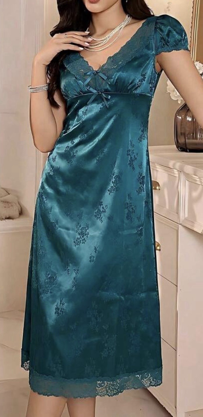 NEW XL Emerald Green Floral Jacquard Satin w Contrast Lace Long Maxi Nightgown