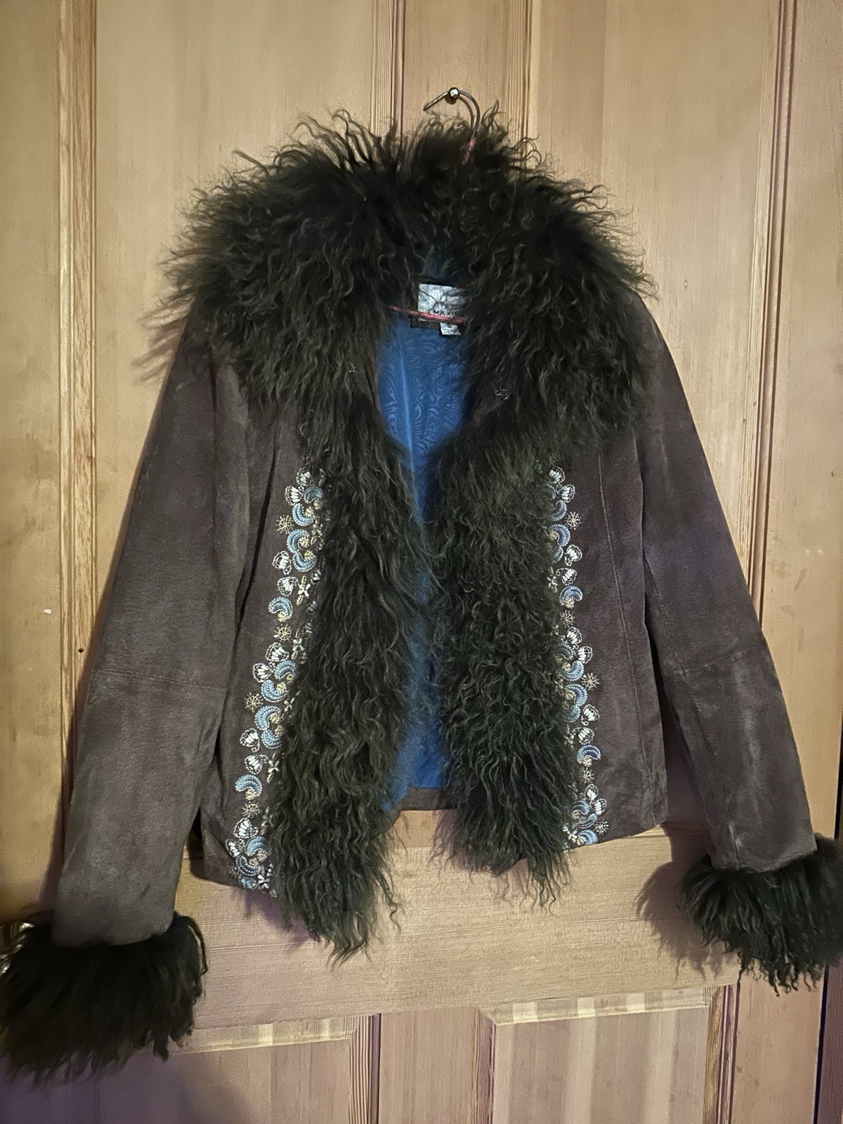 Furry Boho Gypsy Tan Wilson Leather Suede Jacket Size S Embroidered Beaded Penny