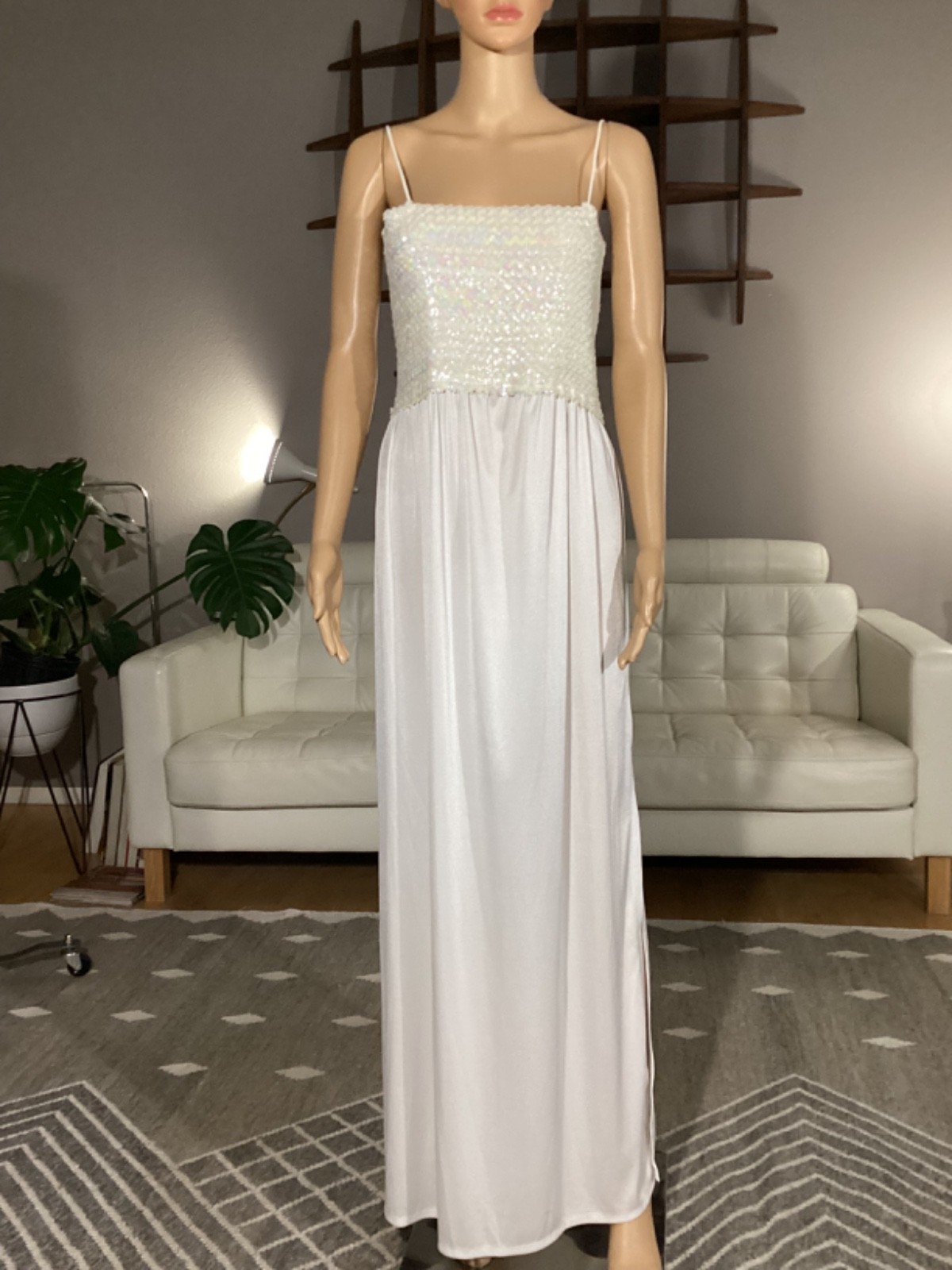 Vintage NOS Denise Fashions Iridescent Sequin White Sleeveless Maxi Party Dress