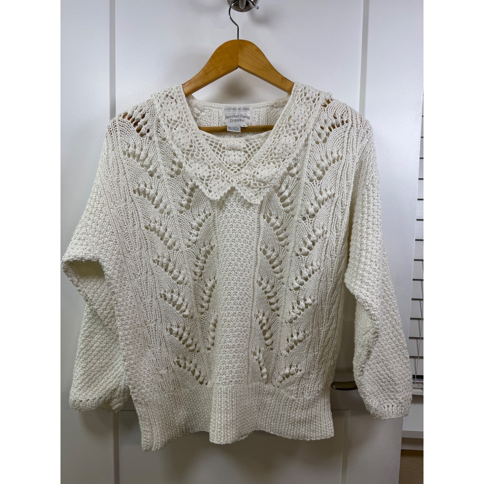 Jennifer Reed Dress Vintage Hand Knitted Cream Ramie Cotton Pointelle Sweater 4