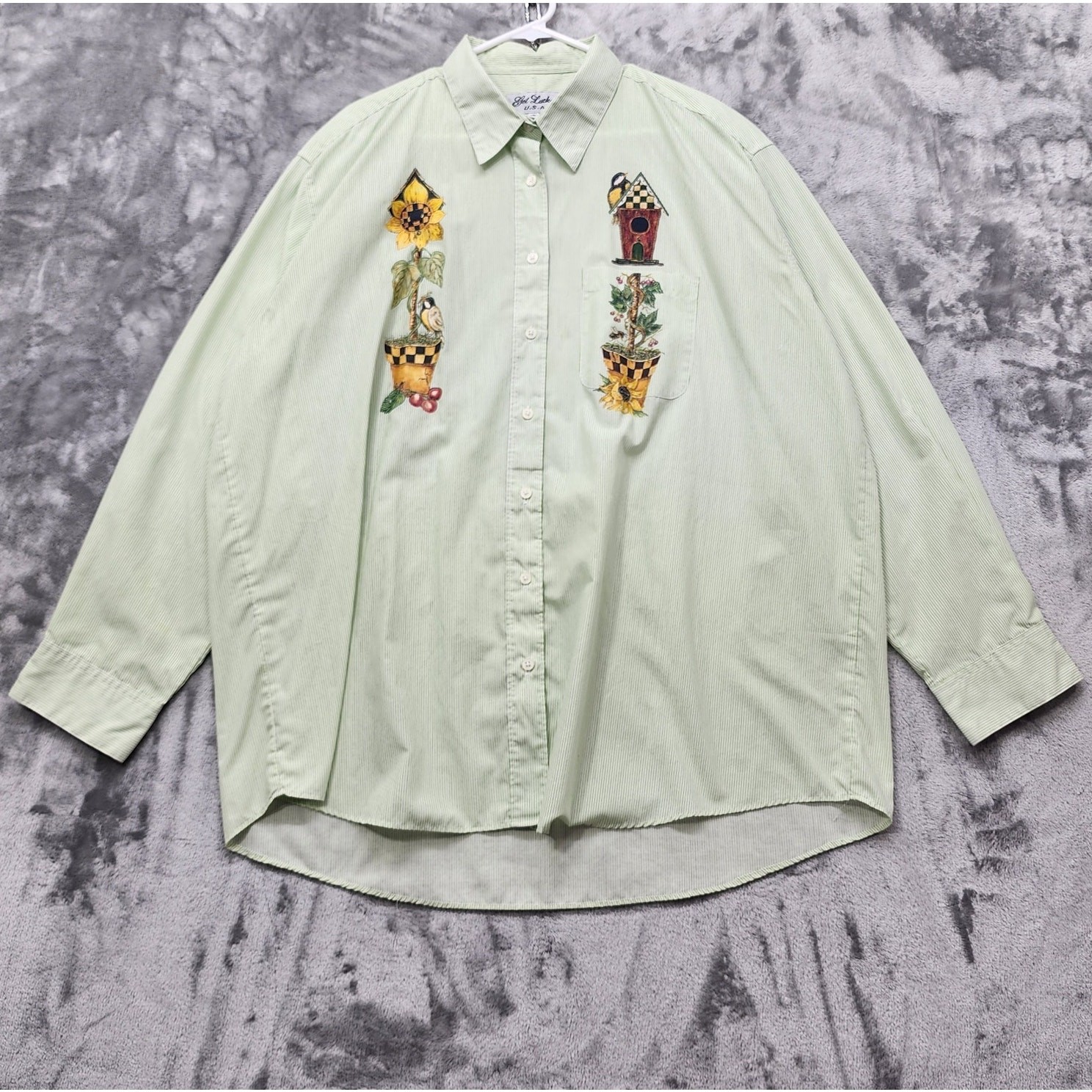 Vintage Get Lucky USA Top Womens 1X Green Striped Long Sleeve Bird House Flowers
