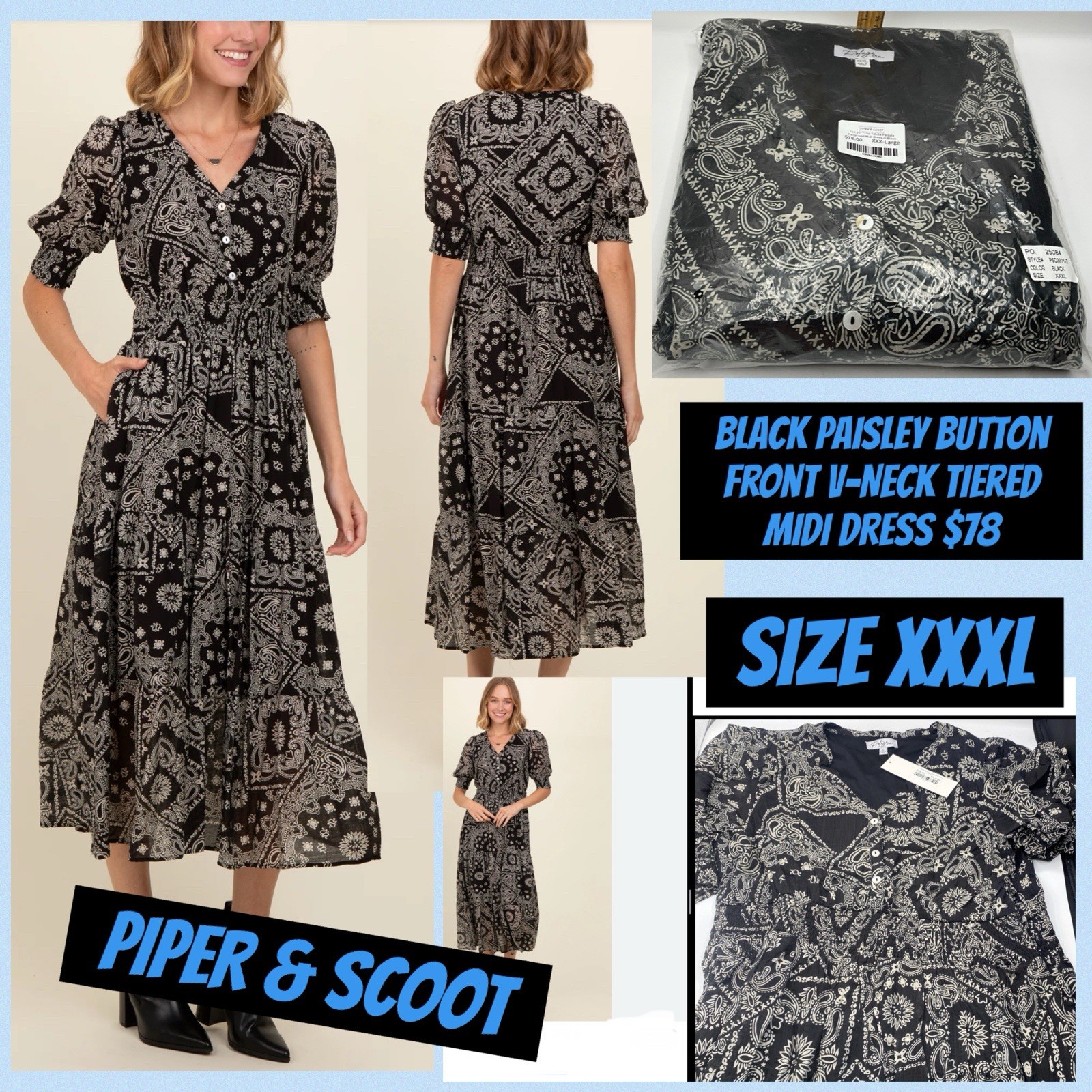Polagram Black Paisley V-Neck PLUS MidiDress XXXL Tiered Maternity Dress New ATL