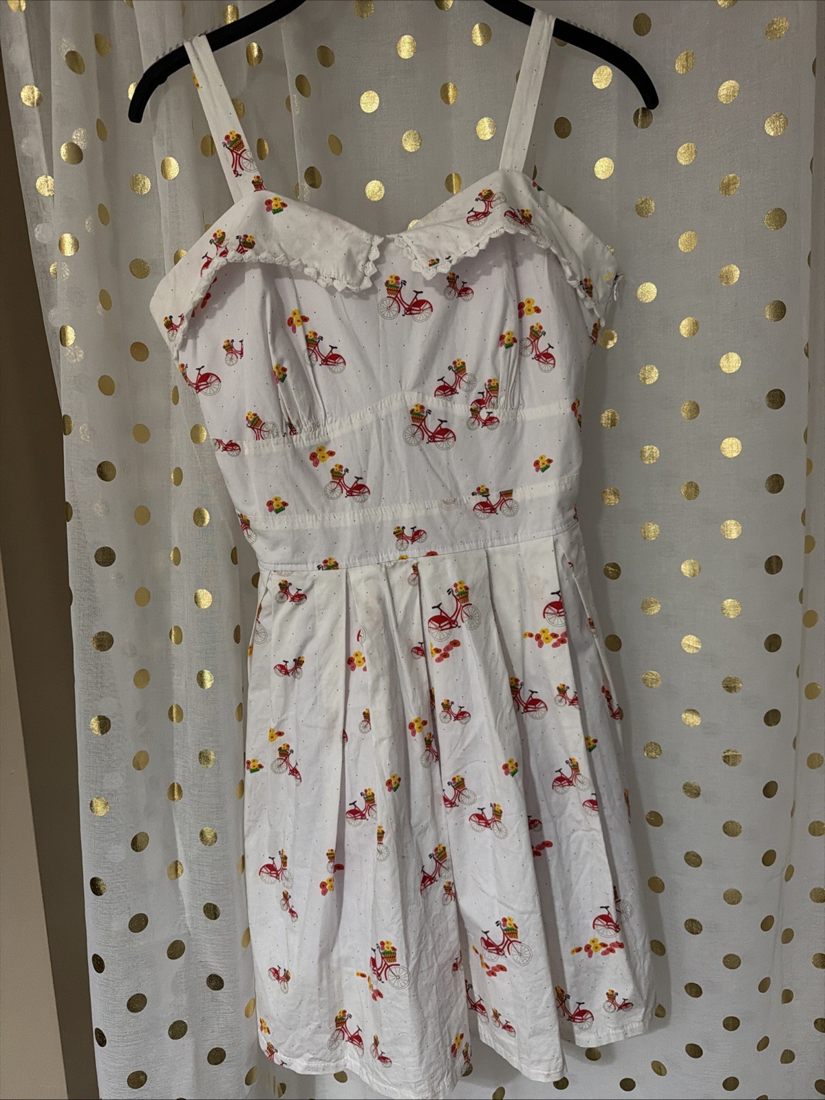 Vintage Unbranded Dress, White with Red Bicycle and Flower Pattern.