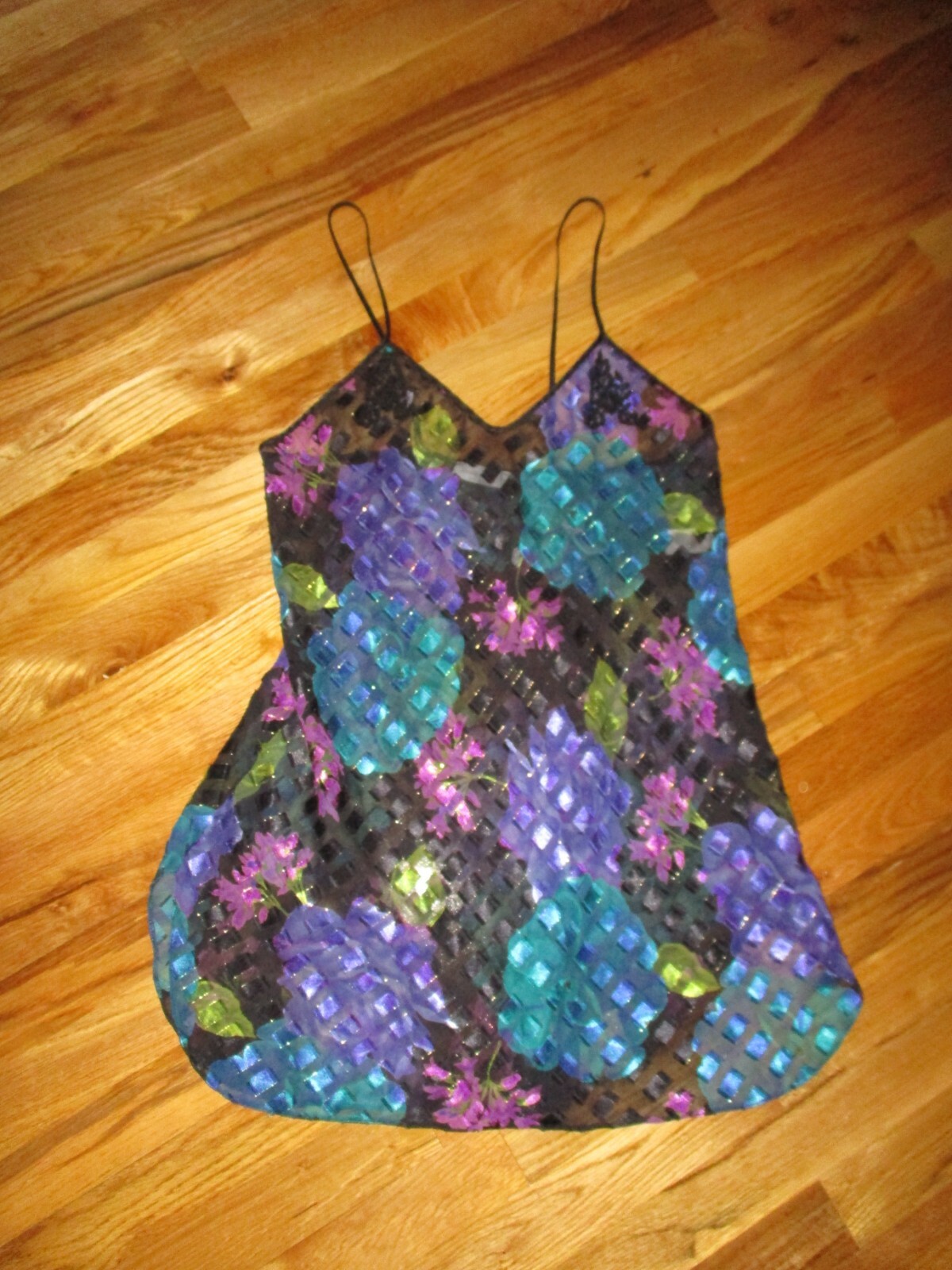 Vtg Lucie Ann II Black Turquoise Purple Floral Sheer Chemise Slip Nightie M-L