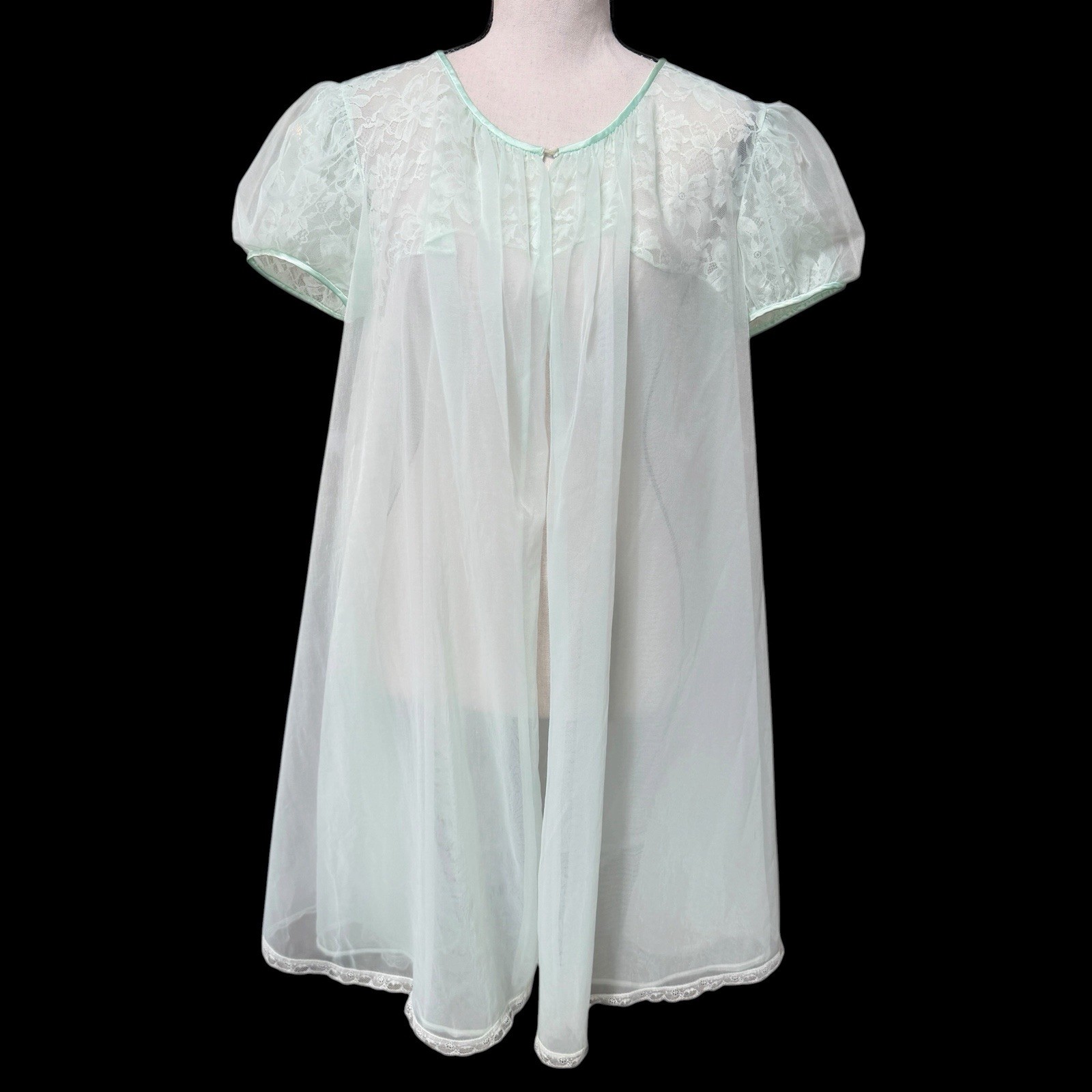 Vintage 60s Vanity Fair Sheer Nylon Peignoir Robe Lace Mint Green Medium