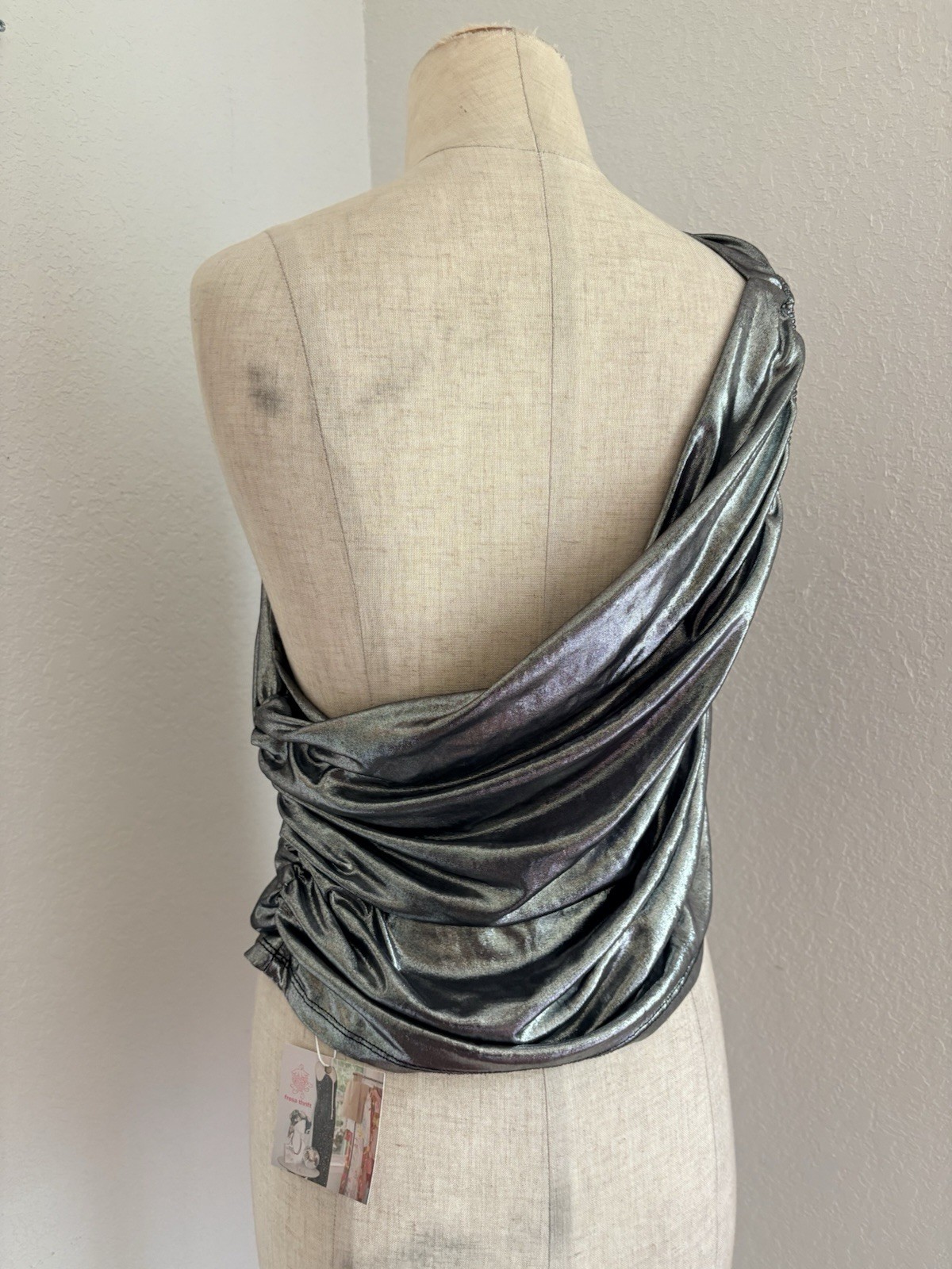 VTG WearEver Top One Shoulder Going Out Top Metallic Silver Lame Slinky Crop Y2K