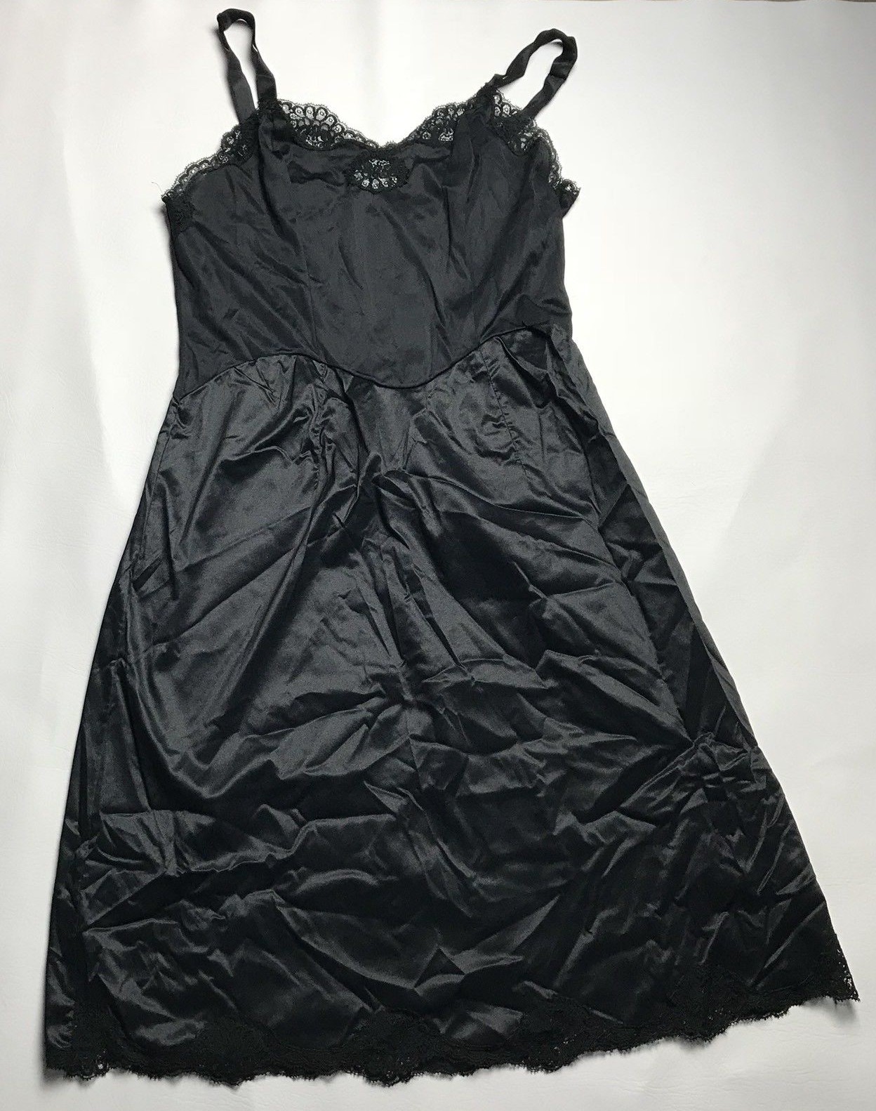 Vintage Wonder Maid Black Full Slip Dress Size 34 Nylon Lace Trim Womens Goth