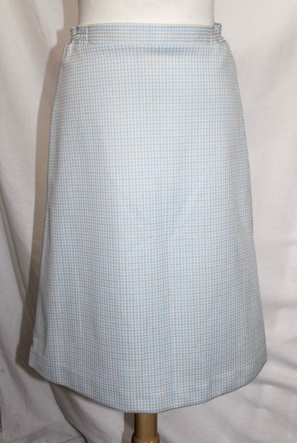 Vintage 60s Women’s 27 ( S) Blue & Beige Plaid Polyester Below-Knee A-Line Skirt