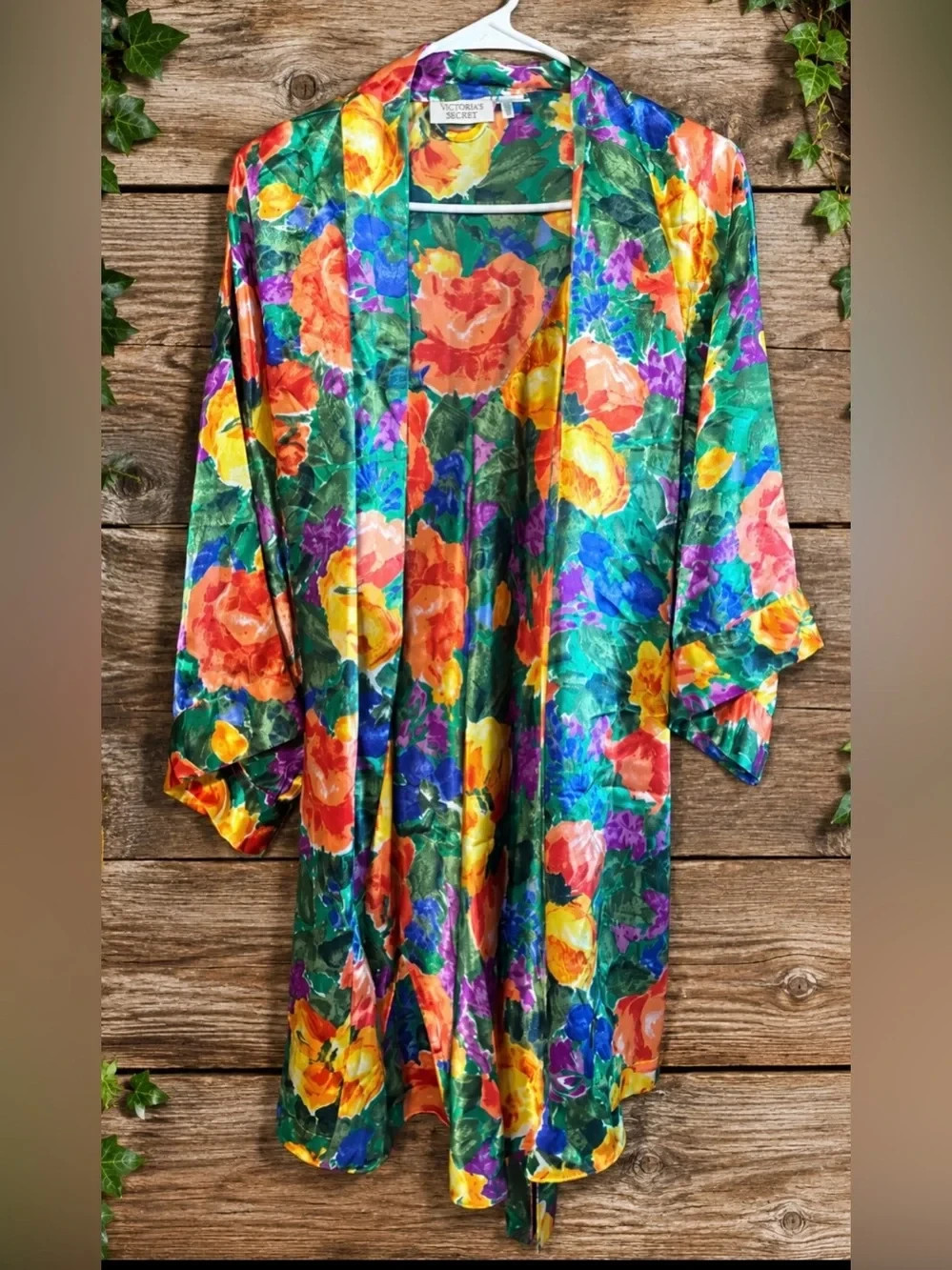 Vintage 80s 90s Victoria’s Secret Gold Label Floral Satin Robe Slip Set Size L