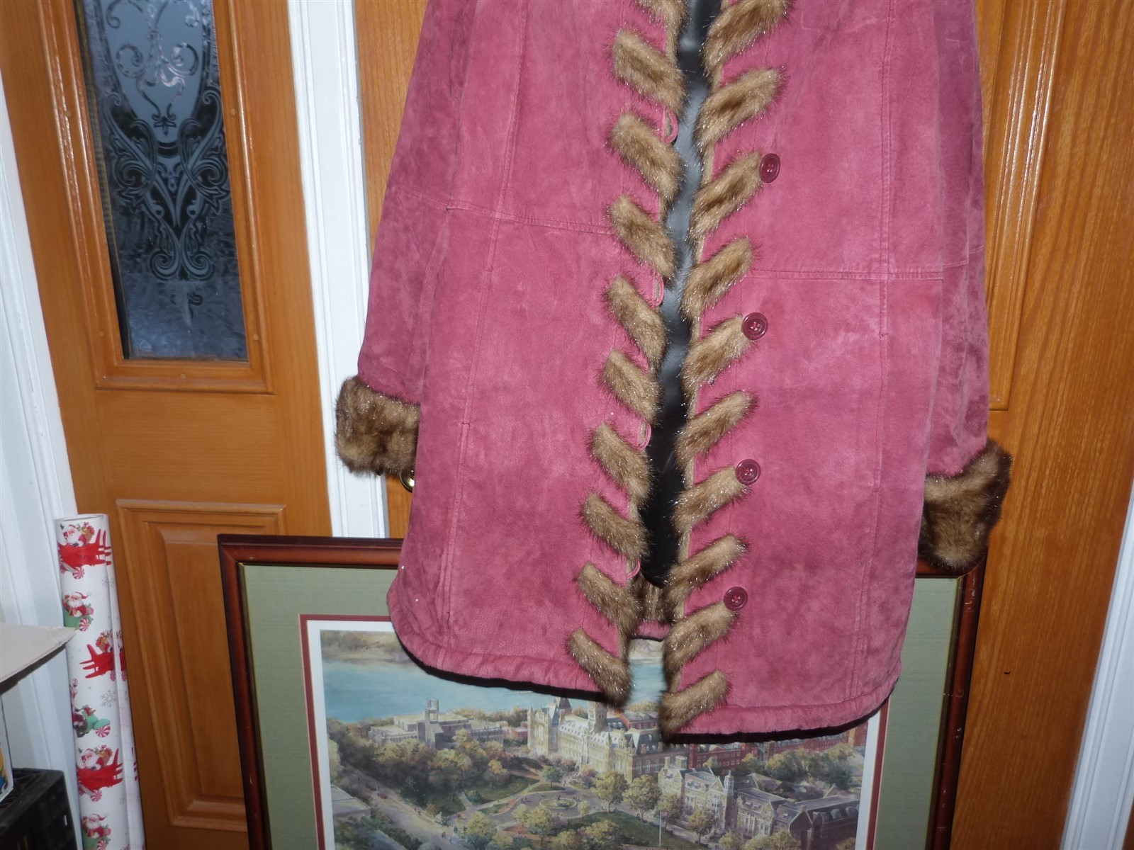 Dennis Basso suede coat vintage 1990s faux fur red Burgundy Maroon wine hood W L