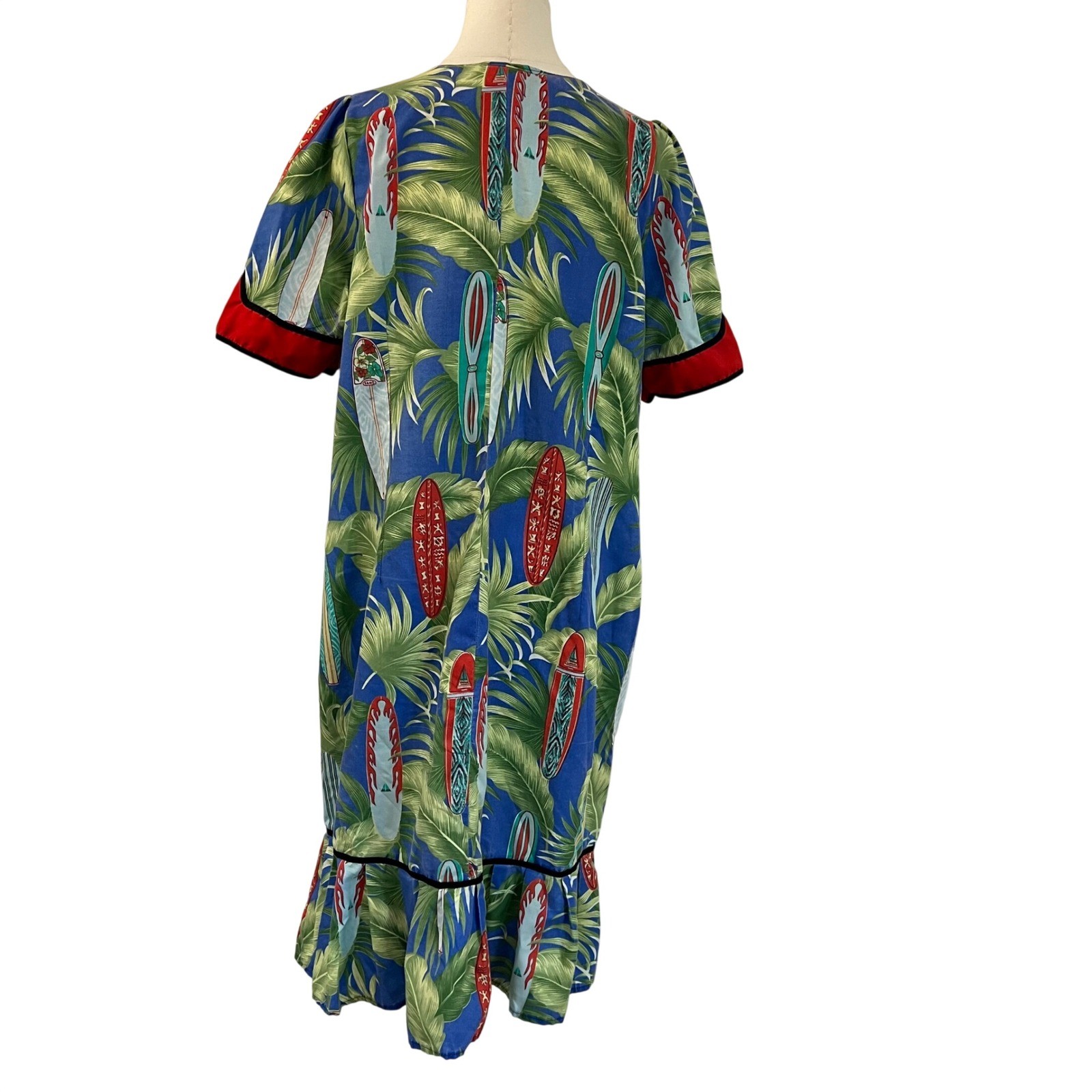 Vintage Blue Red Cotton Surfboard Palm Print Tropical Muu Muu Ruffle Dress Large
