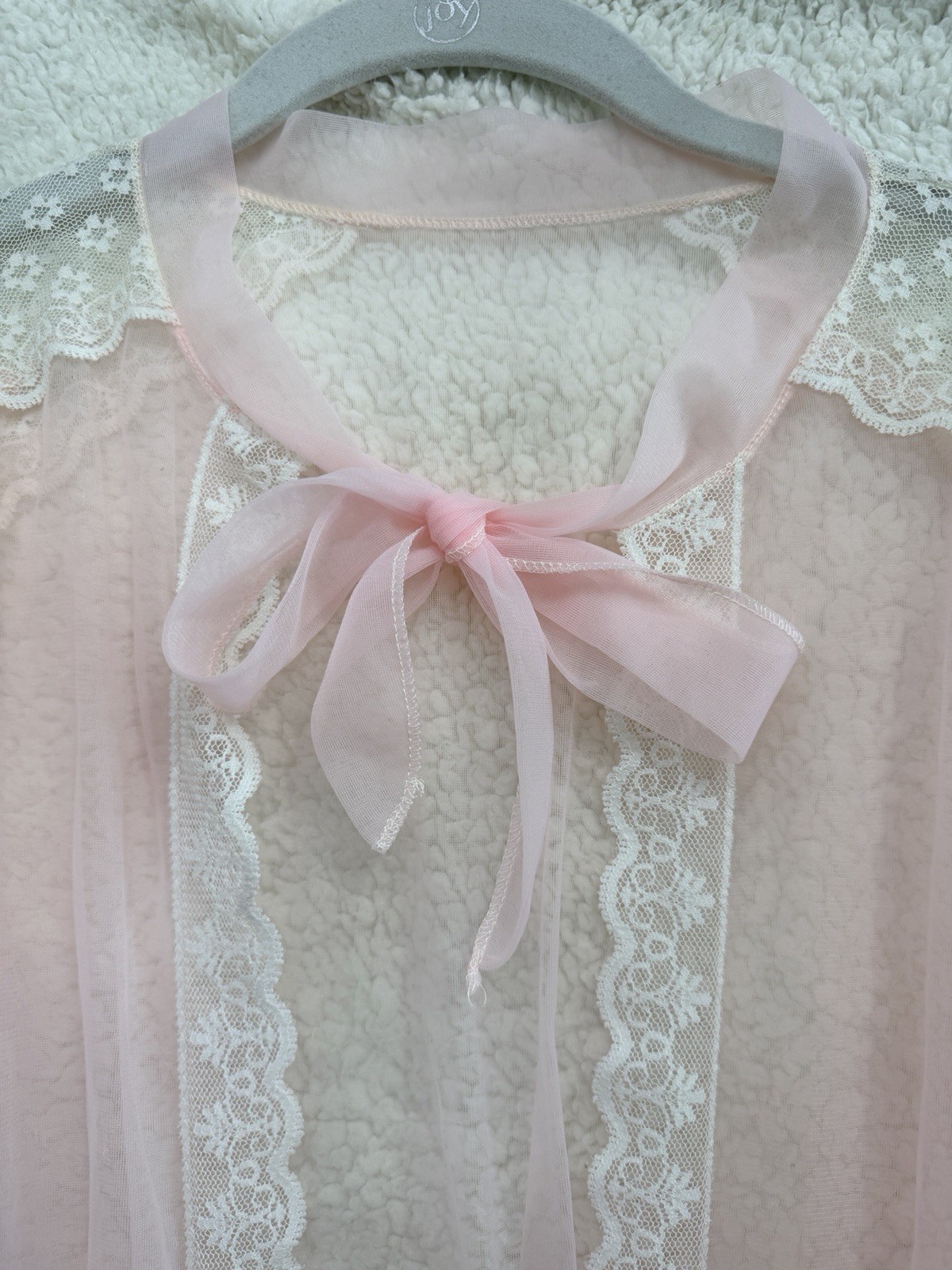 Vintage Pink Sheer Nylon Peignoir Robe Lace Trim Bridal Lingerie Medium M