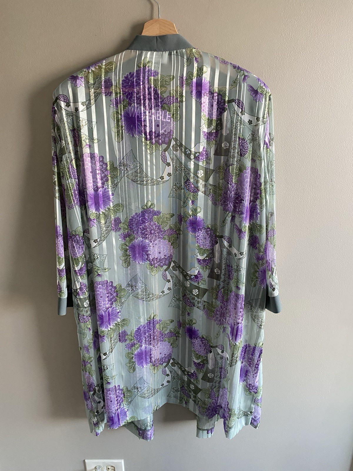 Vtg Anna Maxwell Womens Robe 24W Sage Purple Floral Semi-shear Duster Kimono