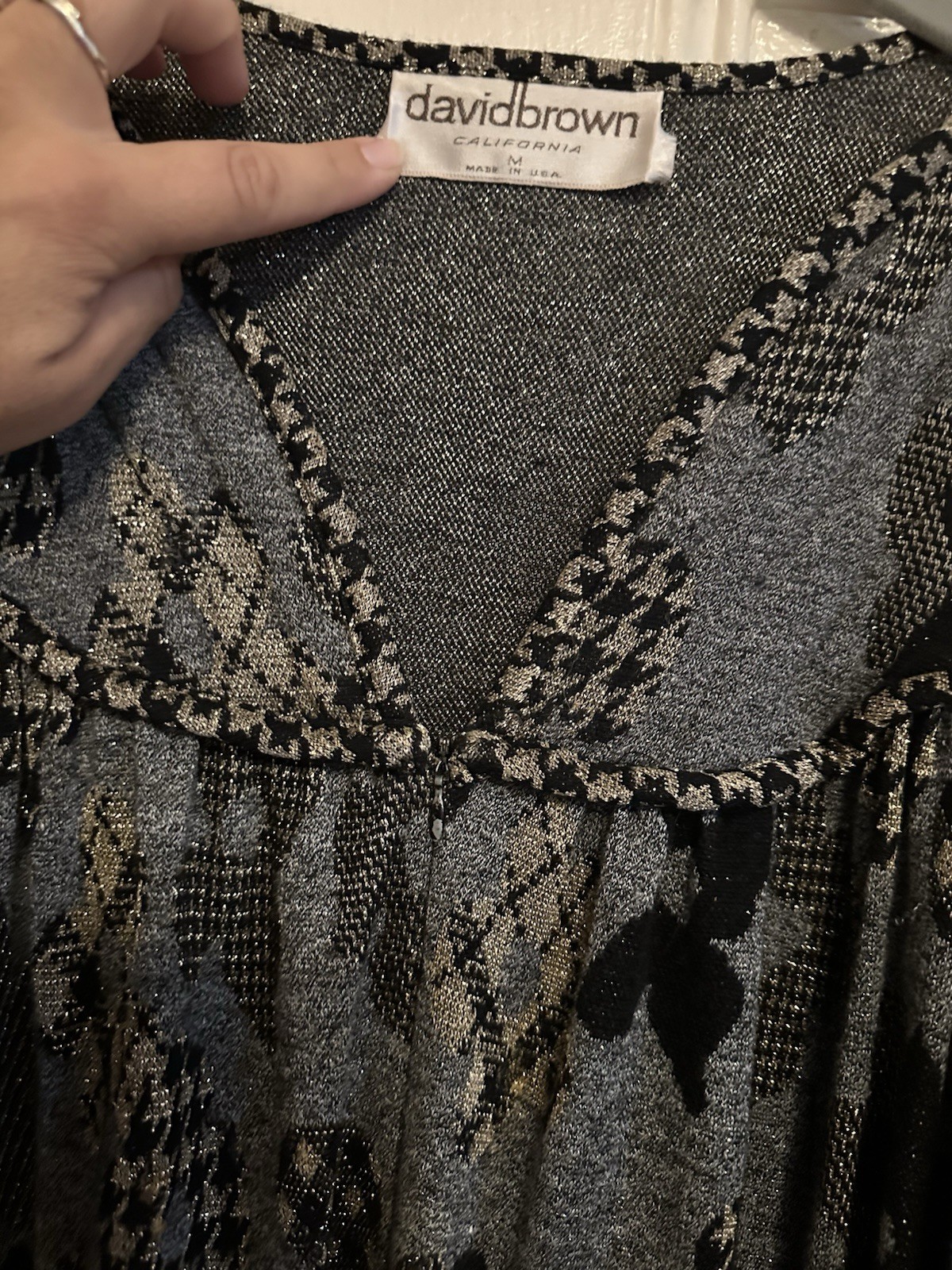Stunning David Brown, 1970s metallic balloon sleeve houndstooth flower dress