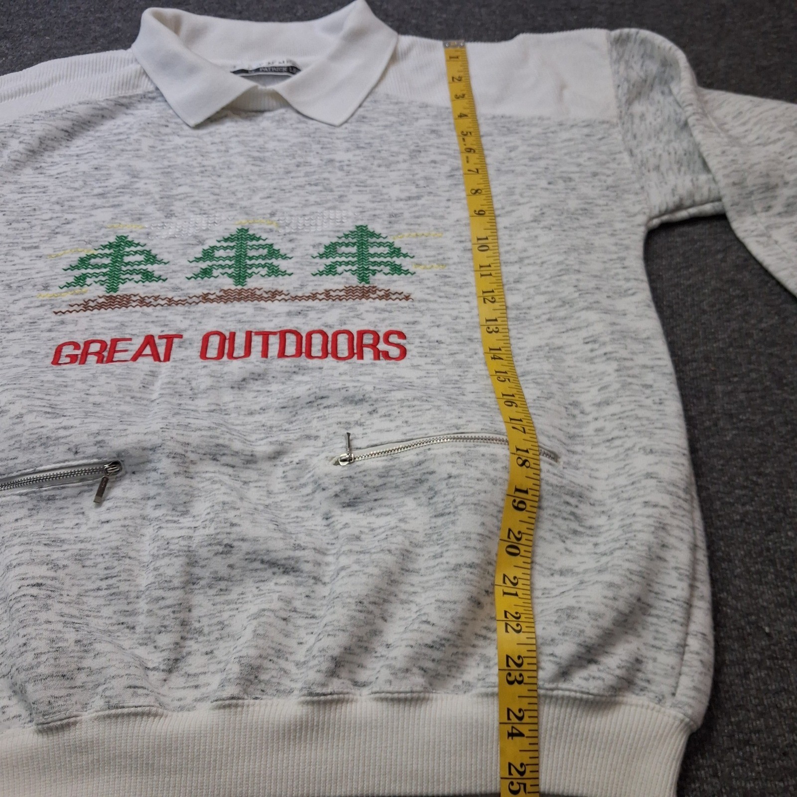 Marcy N Me Patrick Lee VTG Great Outdoors Sweatshirt Grey White Zipper Pocket