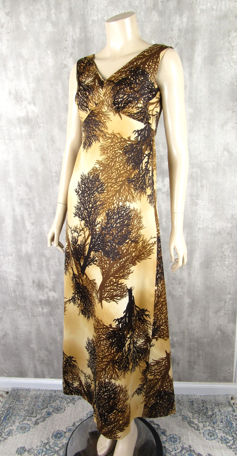 Vintage 70s Holo Holo Hawaiian Empire Maxi Luau Tiki Dress Gold Brown Small
