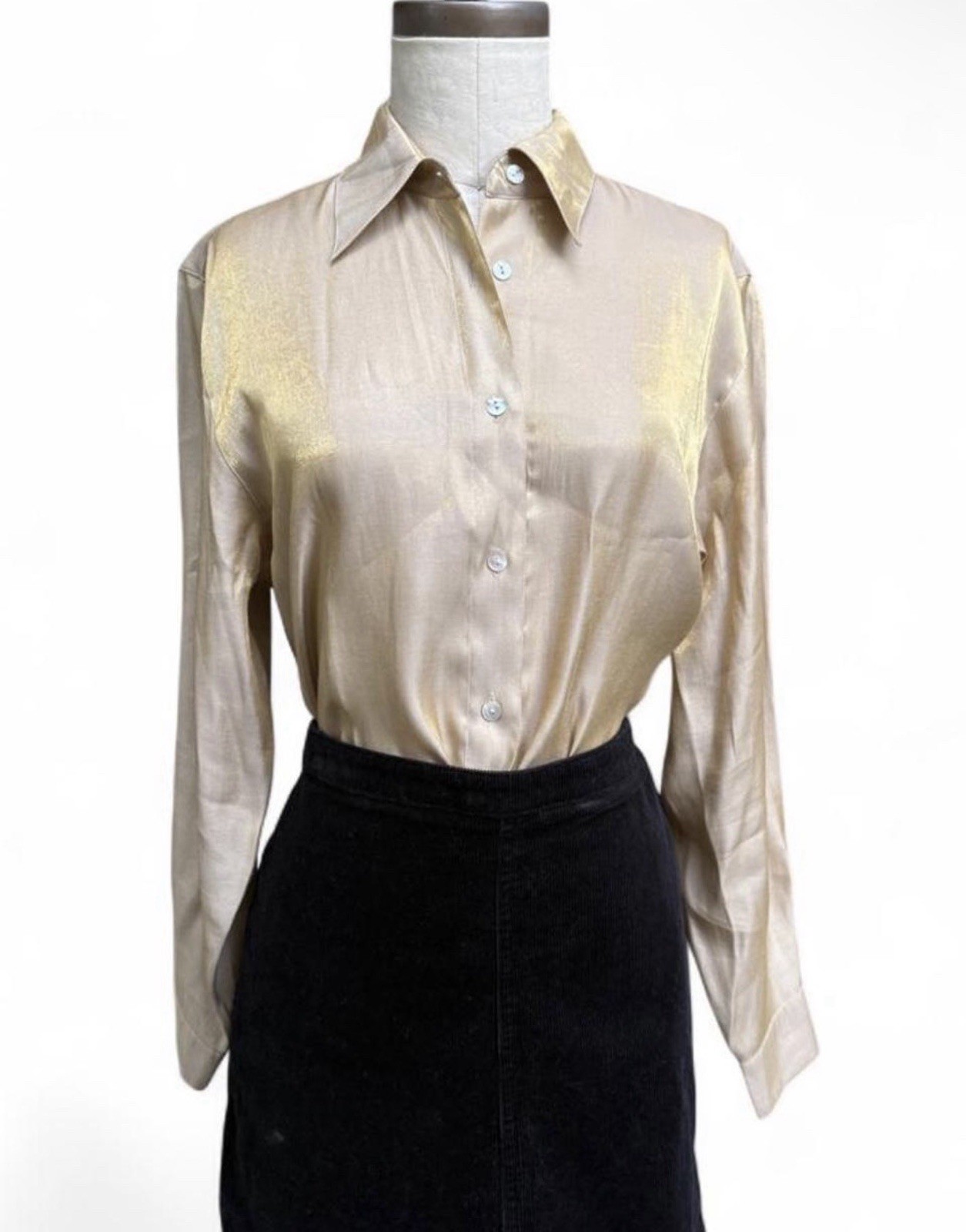 Vintage Gold Iredescent Button Up Long Sleeve Blouse Point Collar S Medium 80’s