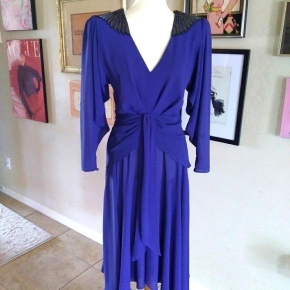 Vintage 1982 Casadei Eletra Royal Blue Beaded Shoulder Open Back Midi Dress
