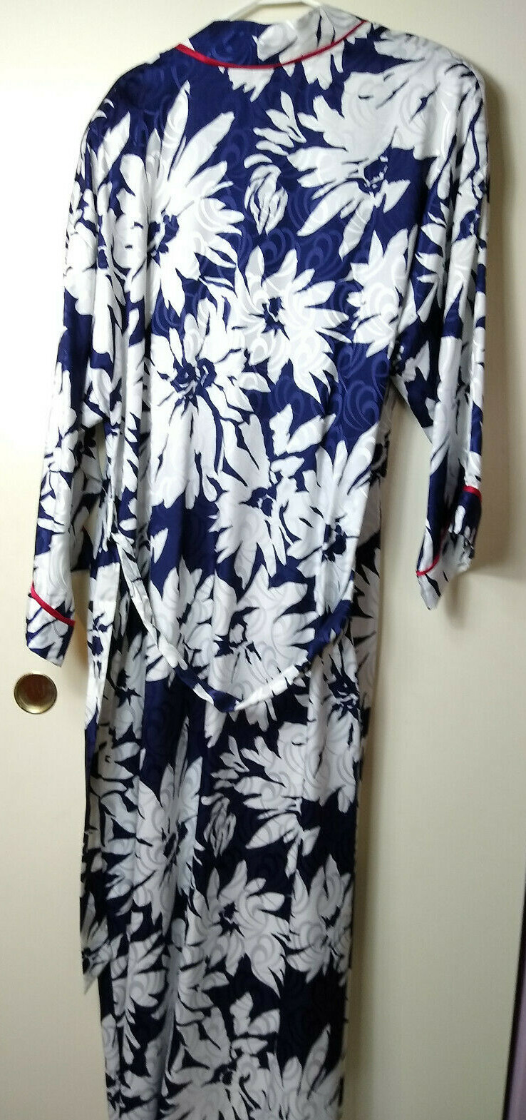 VTG GEORGETTE TRABOLSI NEIMAN MARCUS LONG ROBE SIZE L FLORAL NAVY WHITE
