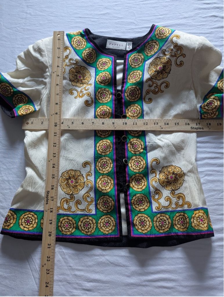 Vtg 100% Silk Baroque Floral Button Front Blouse Cream Gold Regencycore Sz 8