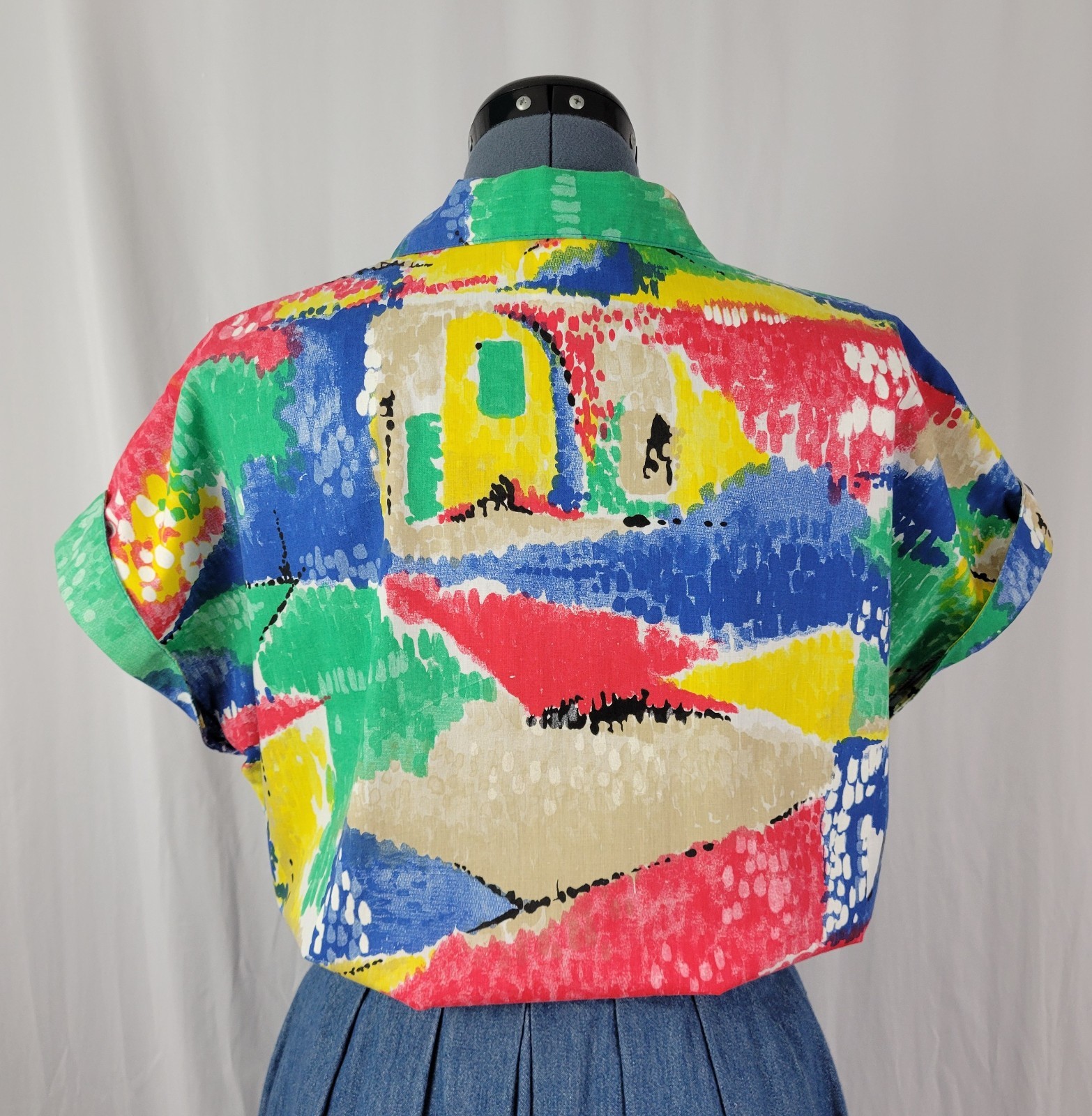 Vintage Ecco Bay Red/Yellow/Green/Blue/Tan S/S Button Down Top Size Med