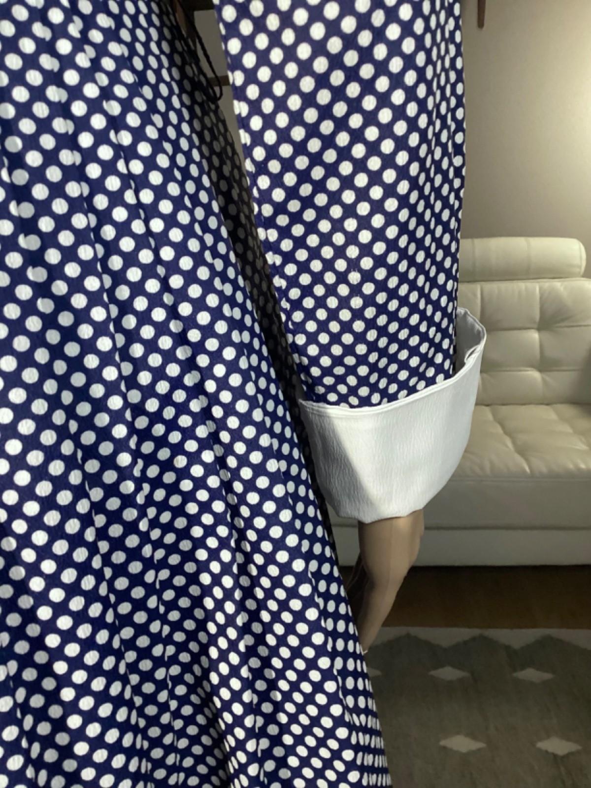 Vintage 70s Aldens Fashions Blue White Polka Dot Dagger Collar Fit & Flare Dress