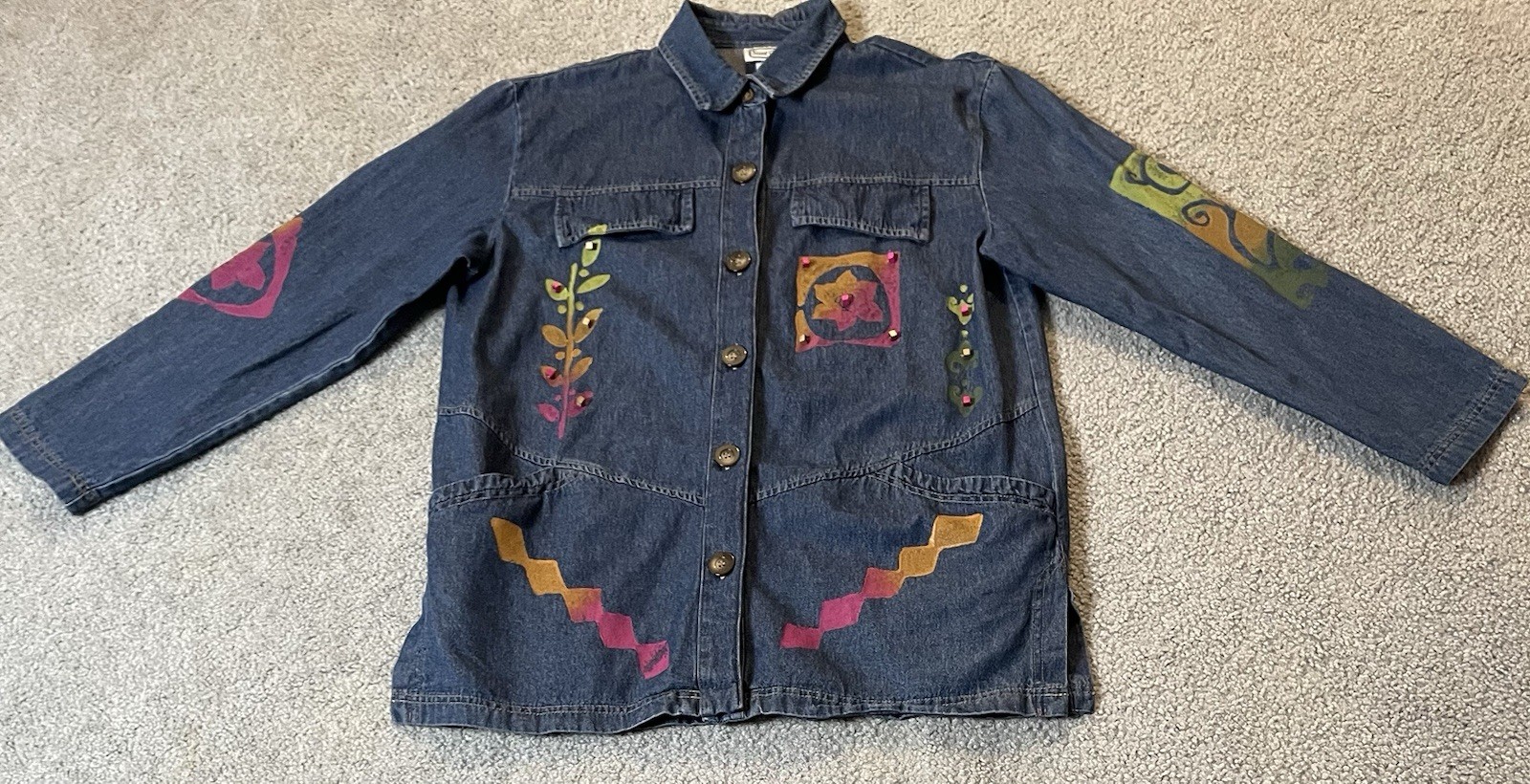 70s Saint Germain Chore Jacket Womens Sz M Blue Wearable Art Floral Country USA