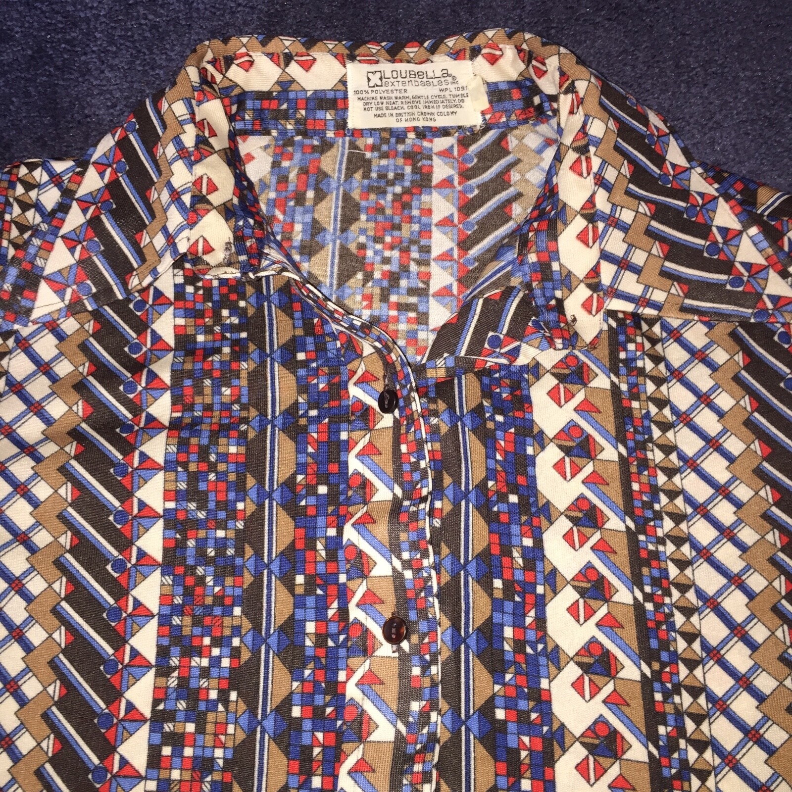 Womens Vintage BLOUSE LOUBELLA Brown Blue and Red Geo-Deco Print 20 Bust