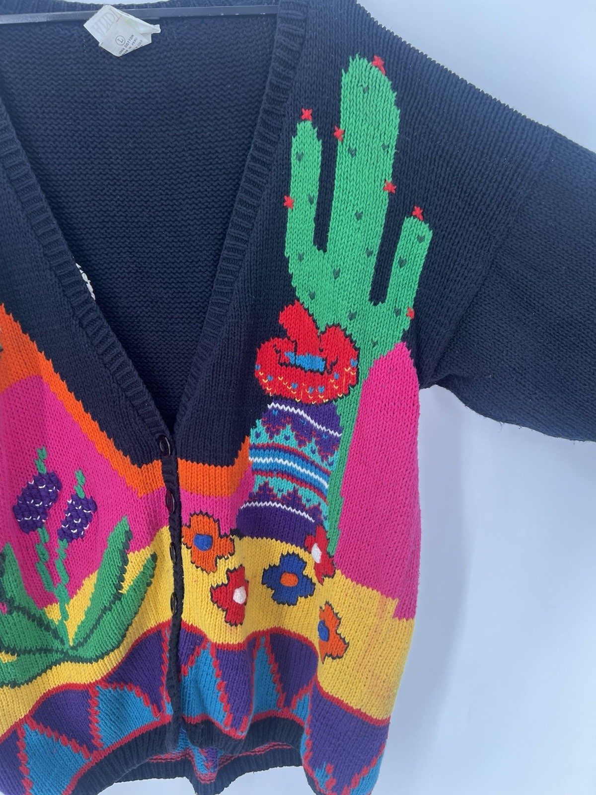 Vtg Andina Retro Abstract Embroidered Floral Cactus Chunky Knit Sweater Cardigan
