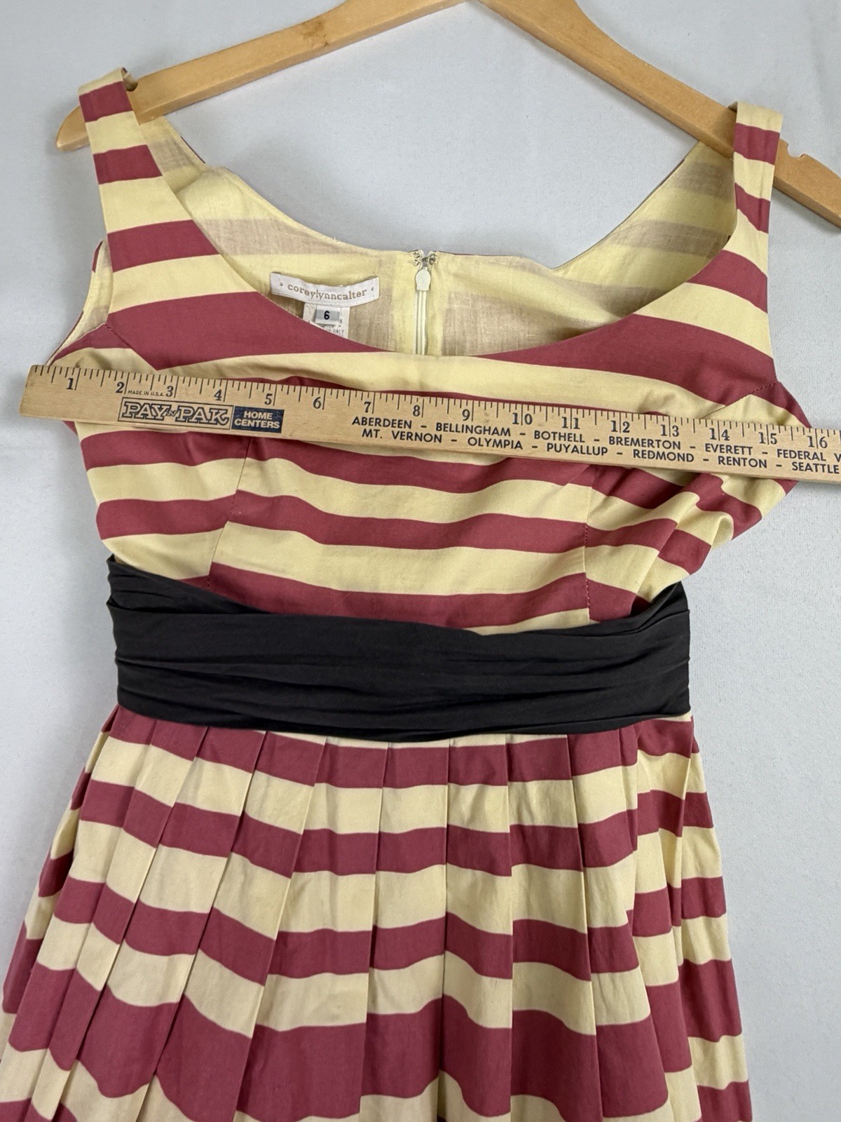 Corey Lynn Calter Striped Fit Flare Dress Size 6 Pink Cream Black Sash Bow