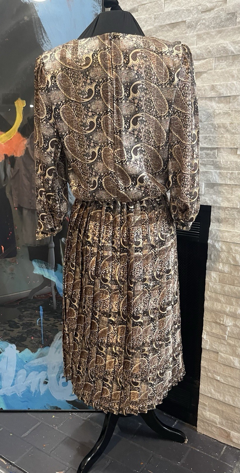 VTG Damon Brown Paisley Pleated Dress Preppy Satin Size 10 Midi 1980s Career