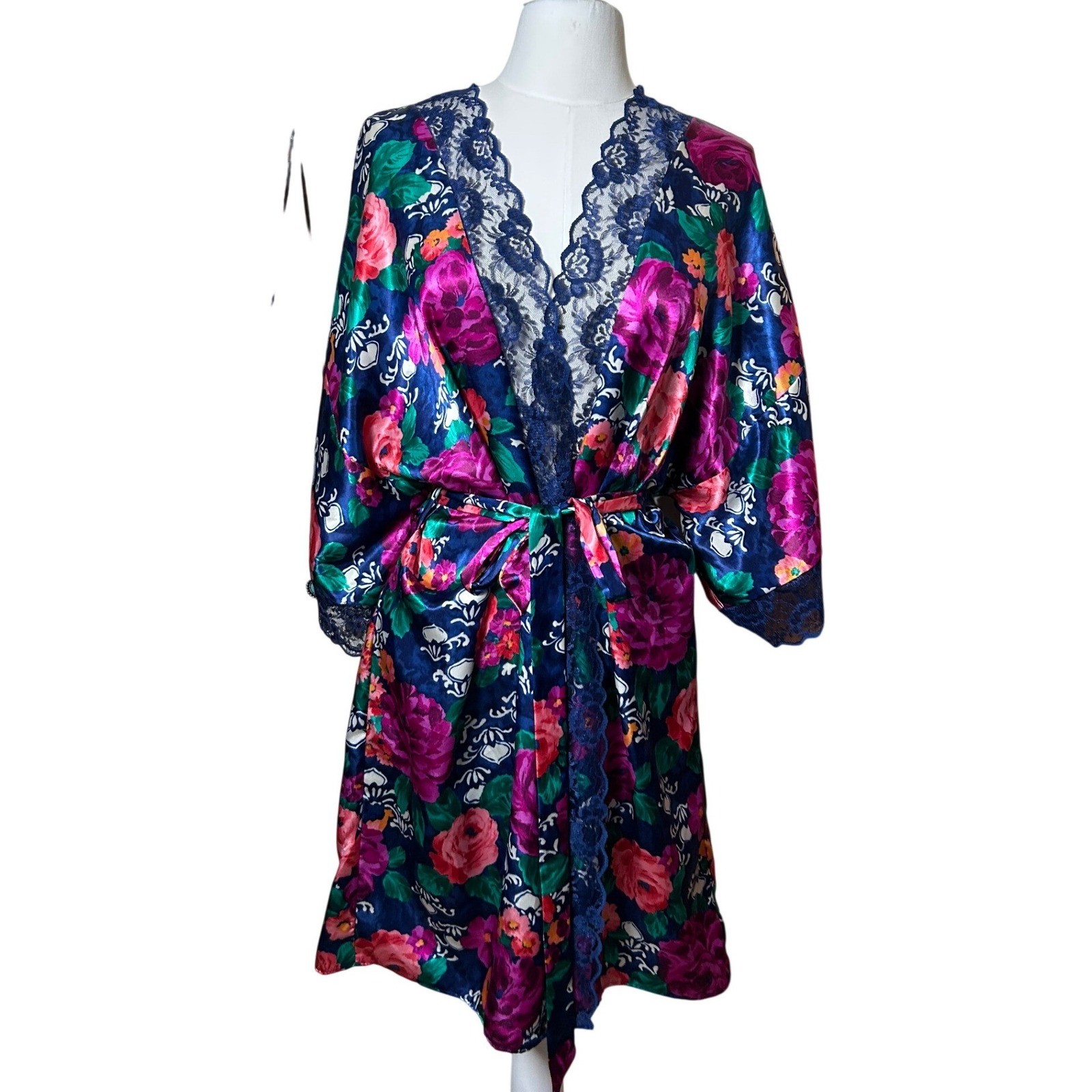 Delicates Vintage Floral Satin Robe Blue Lace Trim OSFM Romantic Luxury Retro