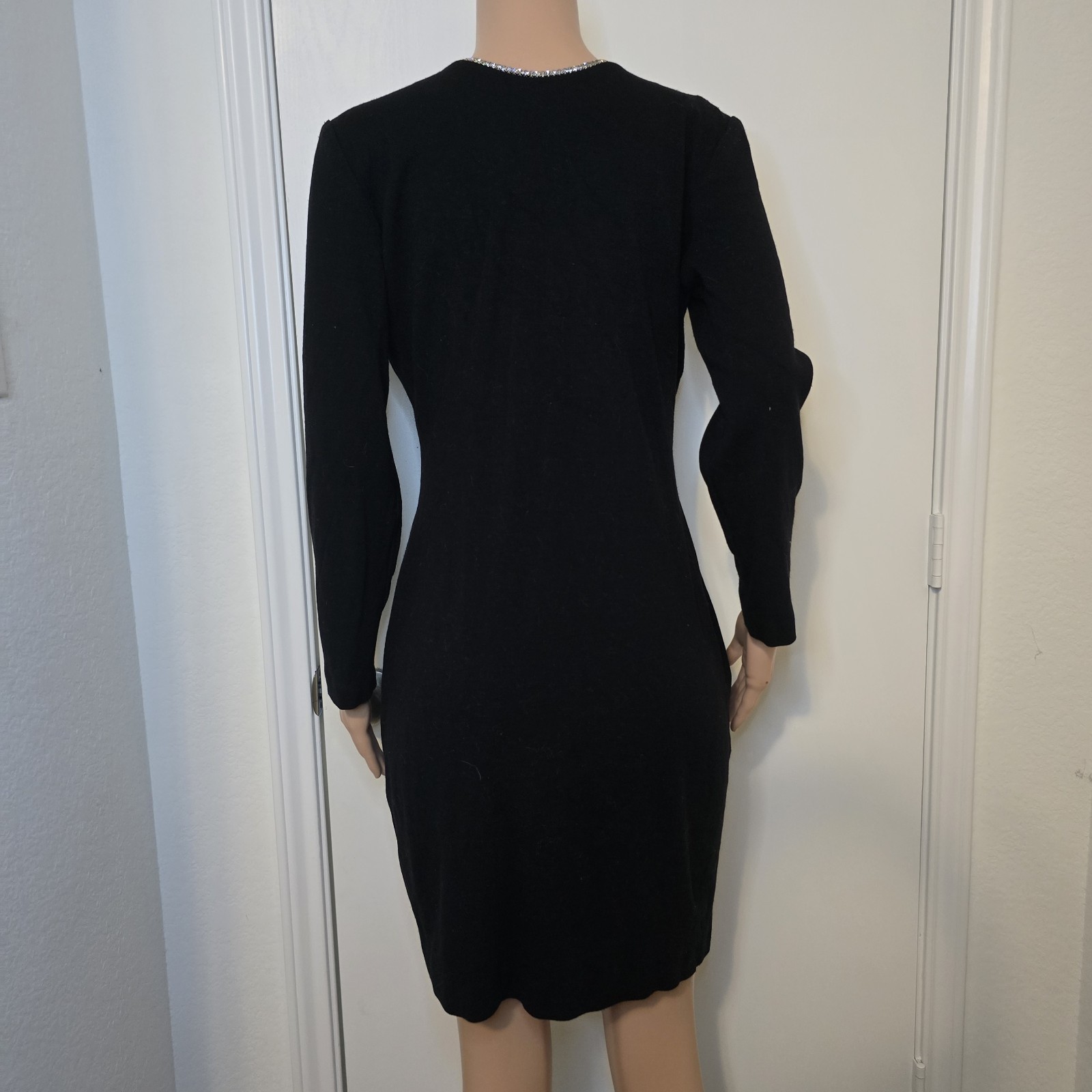 VTG Deep V-Neck Dress Embellished Long Sleeve Black Rhinestones Approx Sz L