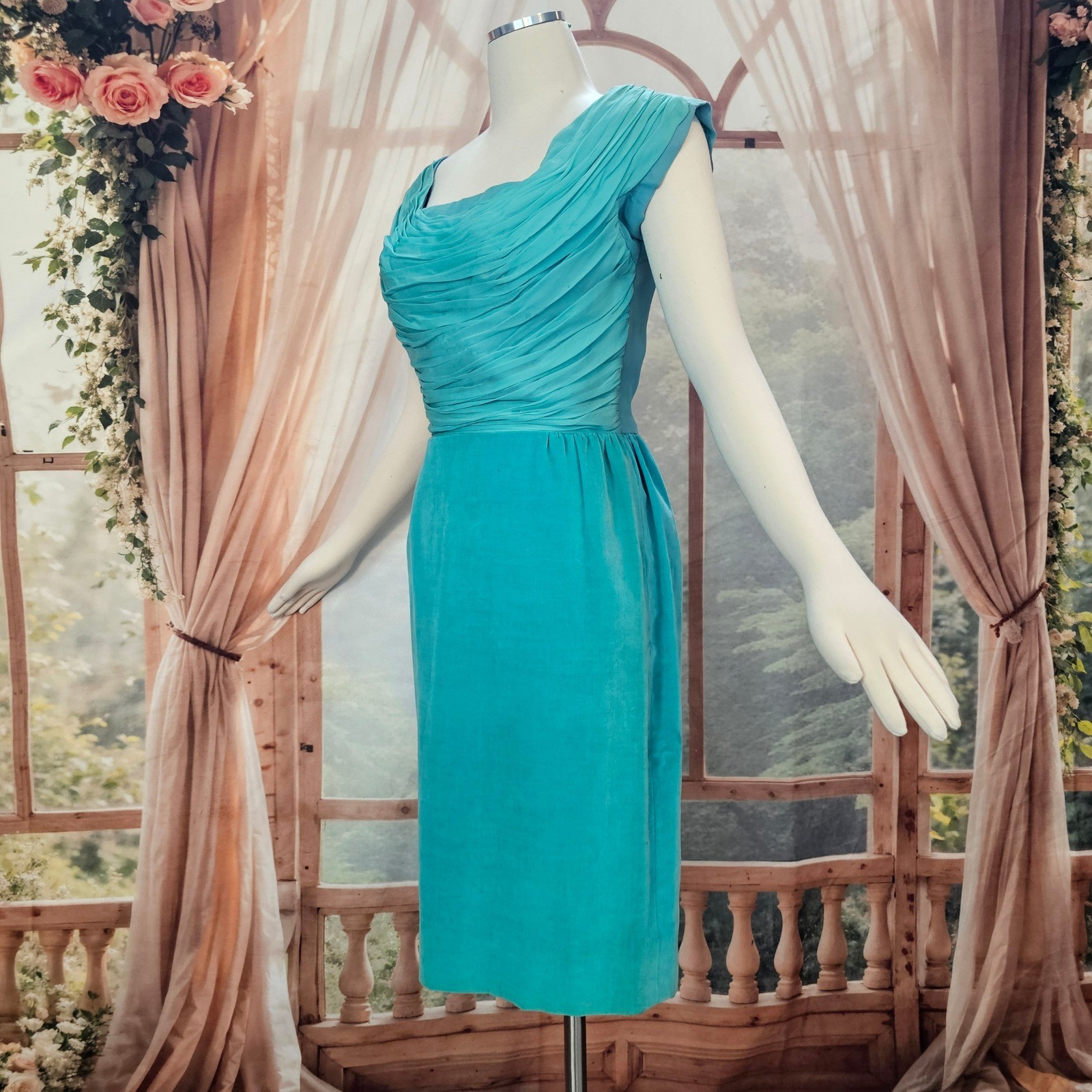 Vintage 1950s Dress Jay Herbert California Teal Ruched Draped Cocktail Formal