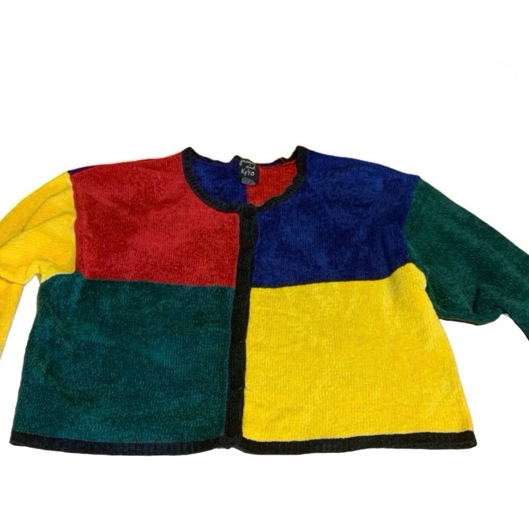VINTAGE CIRCA 1990’S JACQUE AND KOKO BLACK W/MULTI COLOR CARDIGAN SIZE 22/24
