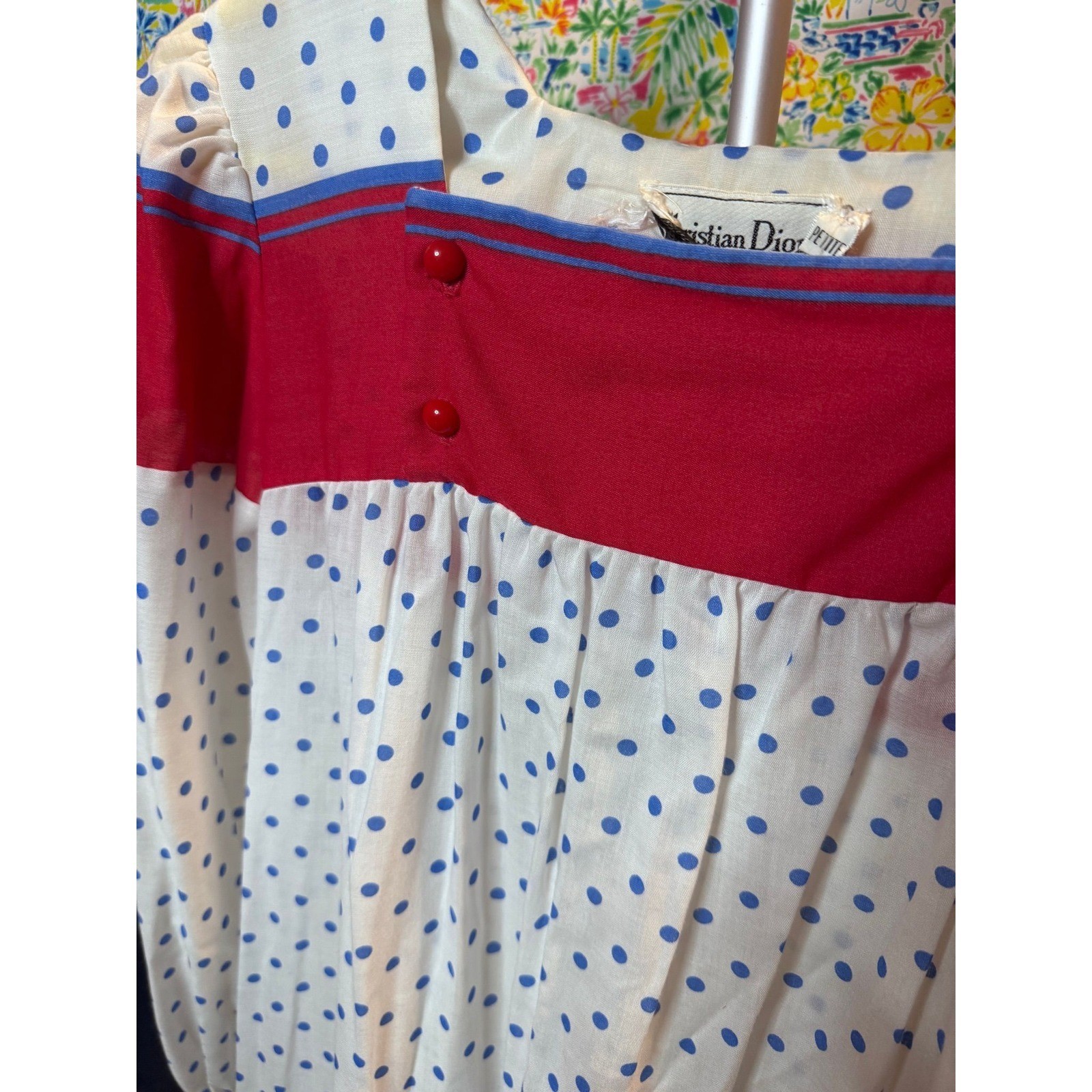 136 Christian Dior Vintage Polka Dot Maxi Nightgown Blue Pink White Pockets