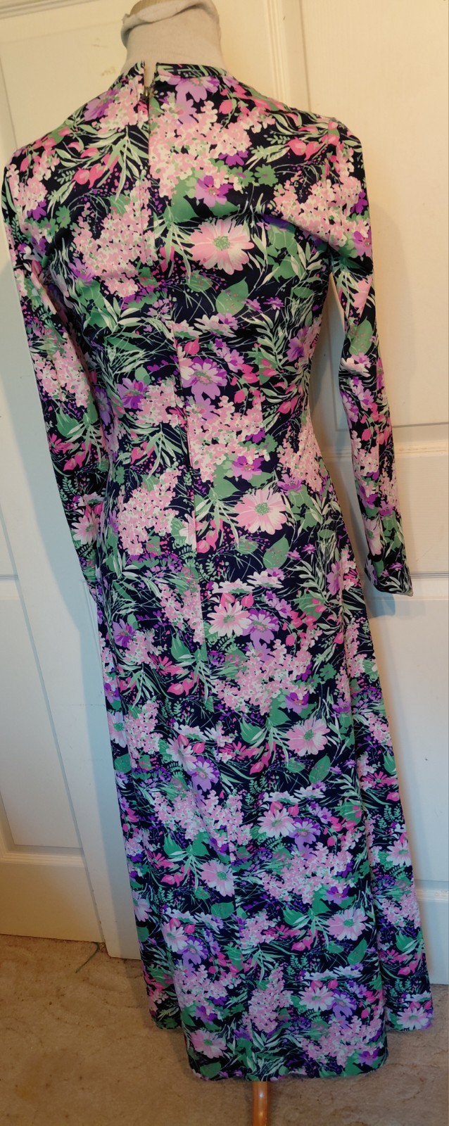 Vintage 70s Long Floral Polyester Dress Pink Purple Green Talbots B34