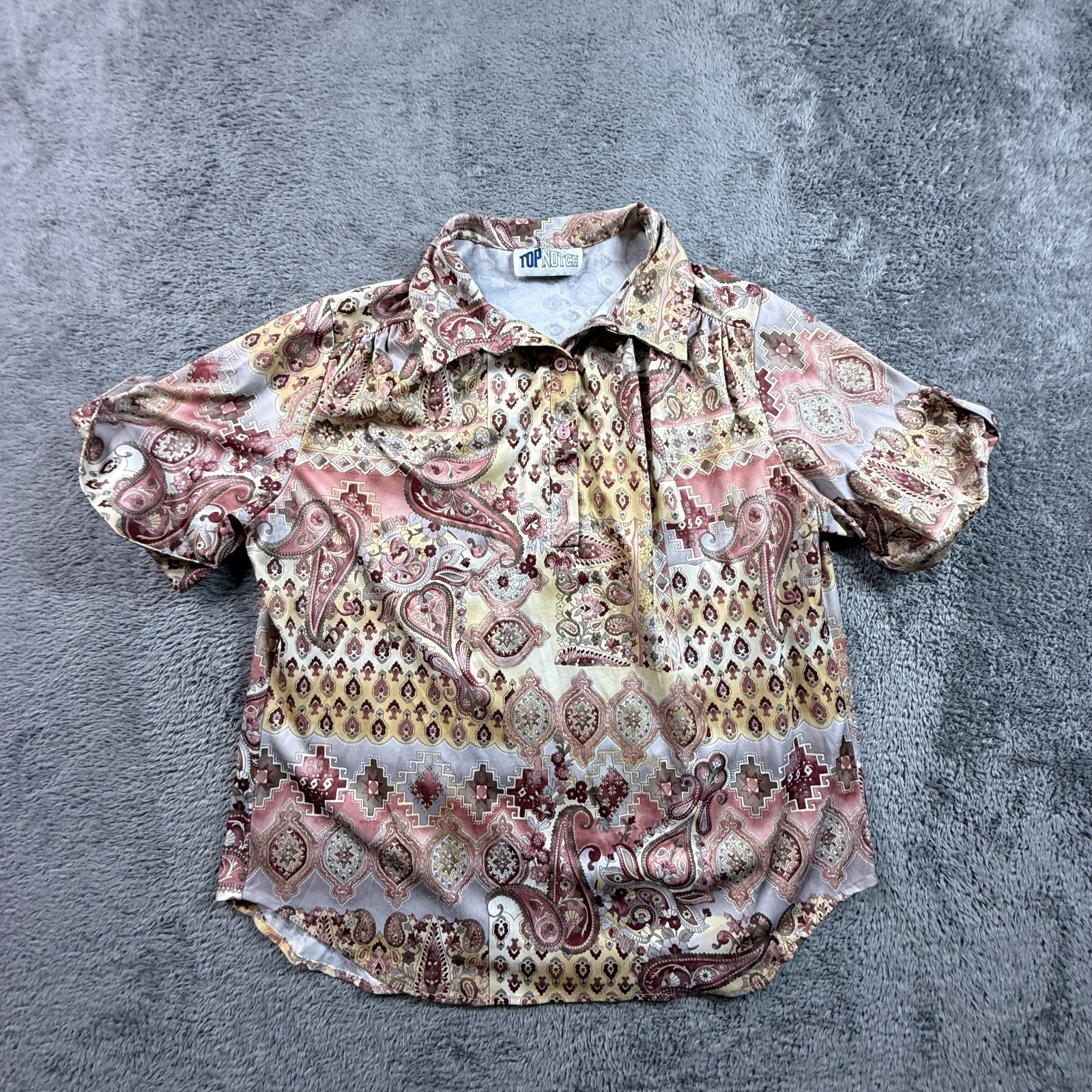 Vintage 70s Top Notch Paisley Medallion Pullover Blouse Pink Gold USA Womens 18W
