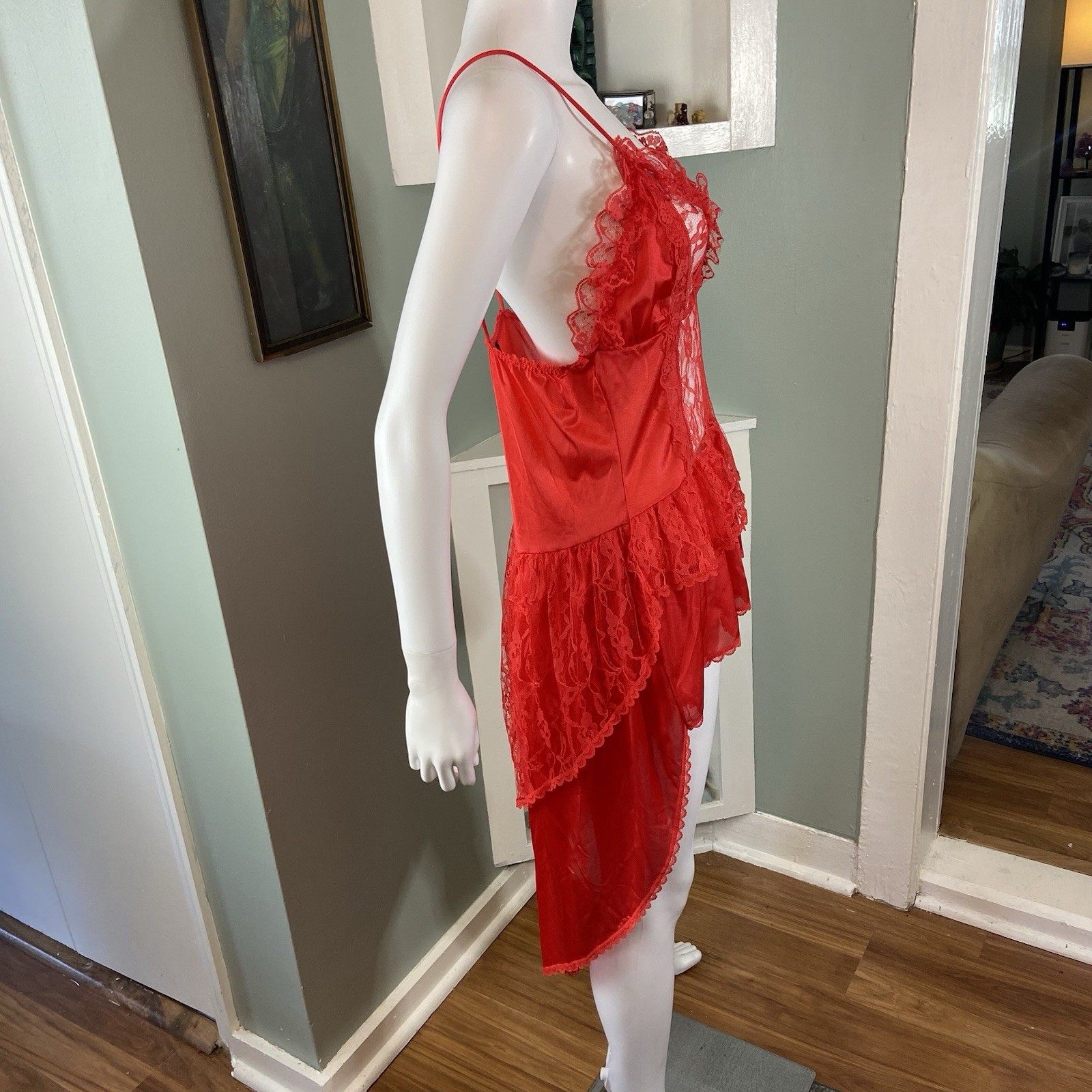 Vintage 80s Stroke of Midnight Sheer Lace Nylon High-Low Negligee Lingerie Large
