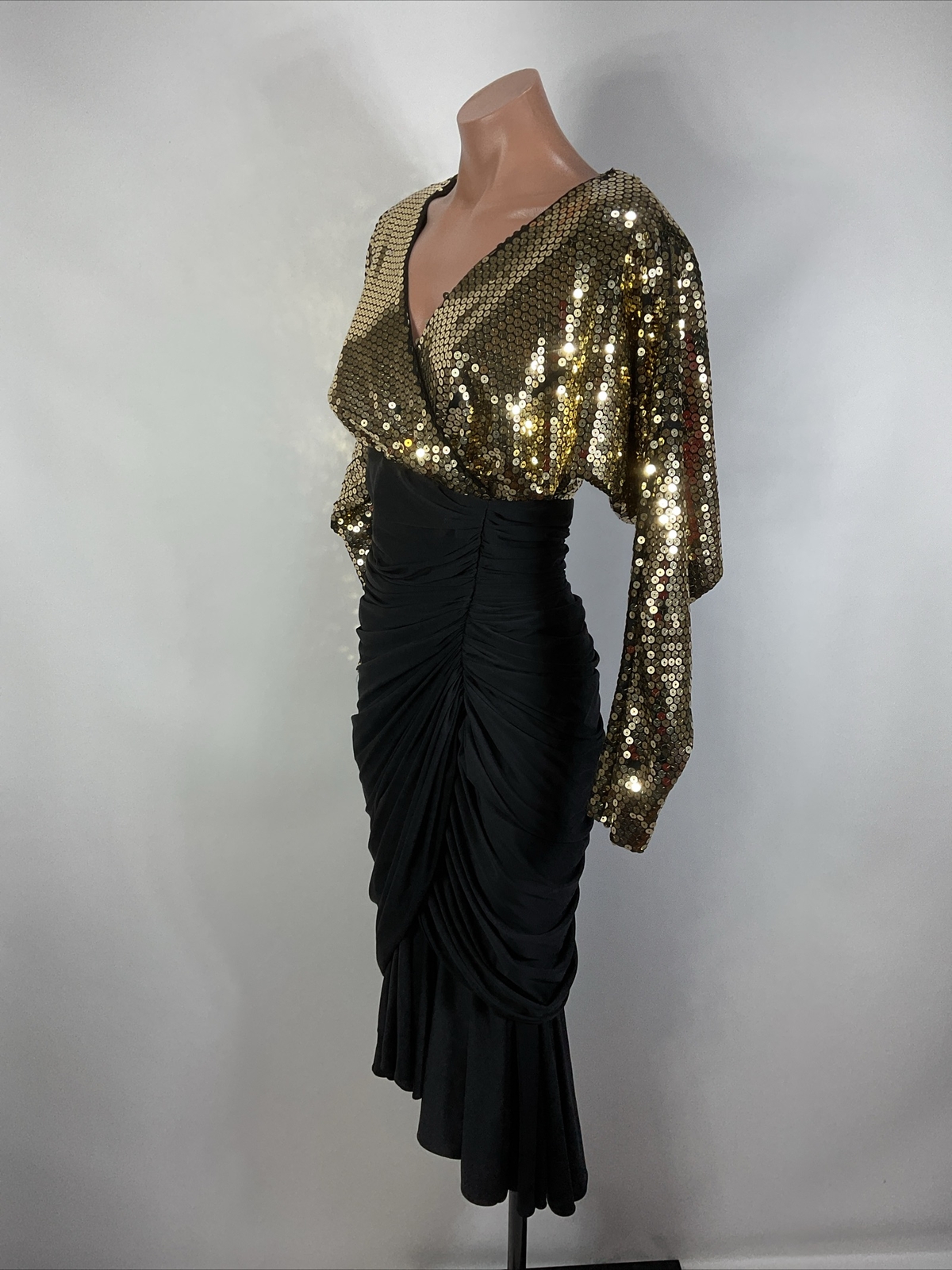 Tadashi VTG Formal Gold Sequin Ruched Draped Cocktail Party Dress Holiday NYE