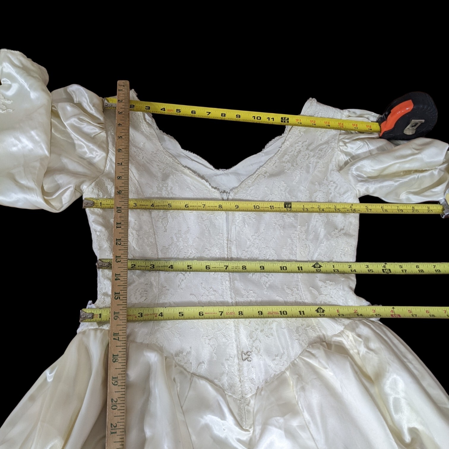 Vtg Wedding Dress 2 Trains S/M Cream Satin Lace Veil Tulle Slip Puff Long Sleeve