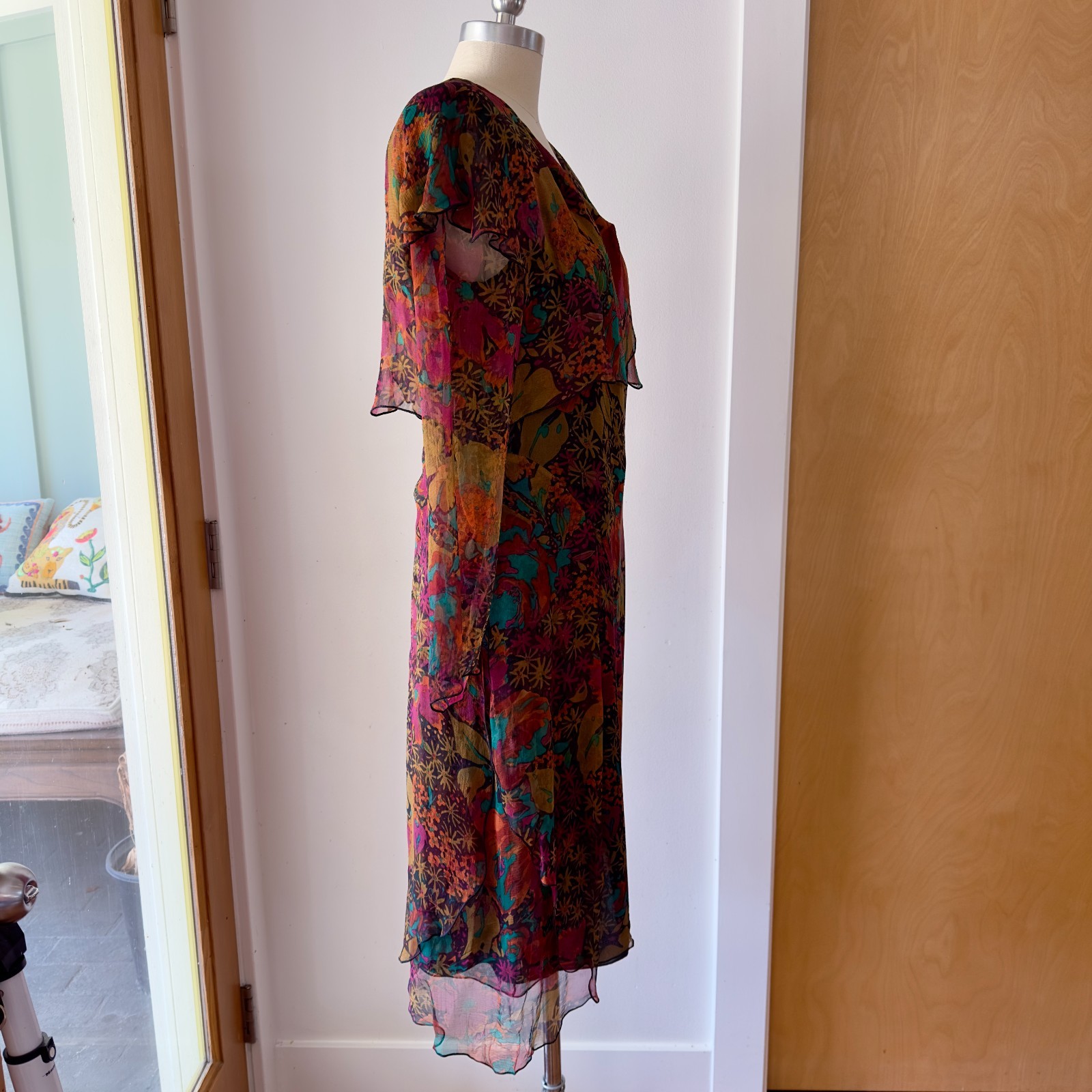 VTG Holly Harp 100% Silk Chiffon Tiered Ruffle Long Sleeve Floral Dress-Size Med