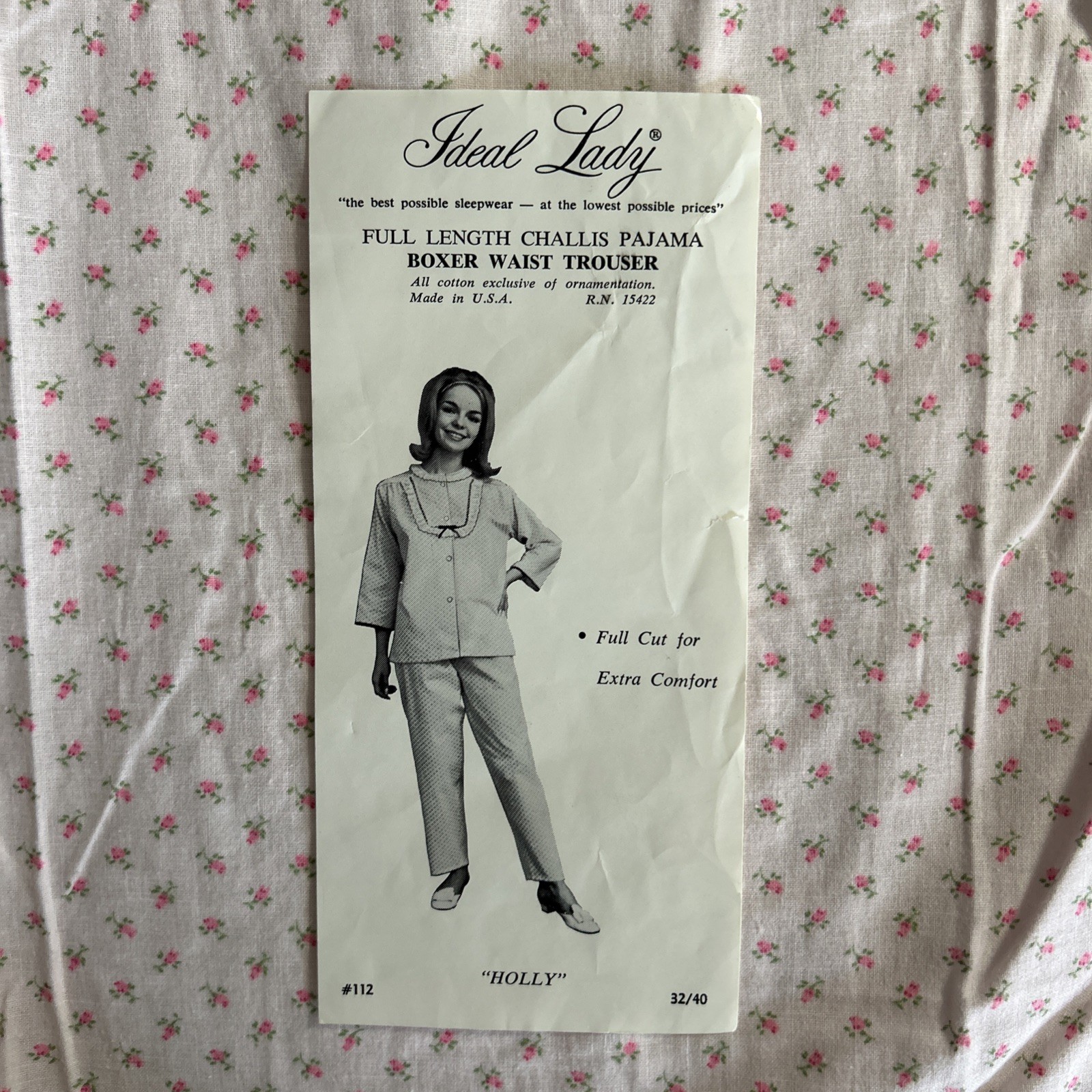 Vintage Ideal Lady Full Length Cotton Pajamas Size 40/L Pink Flowers Green Trim