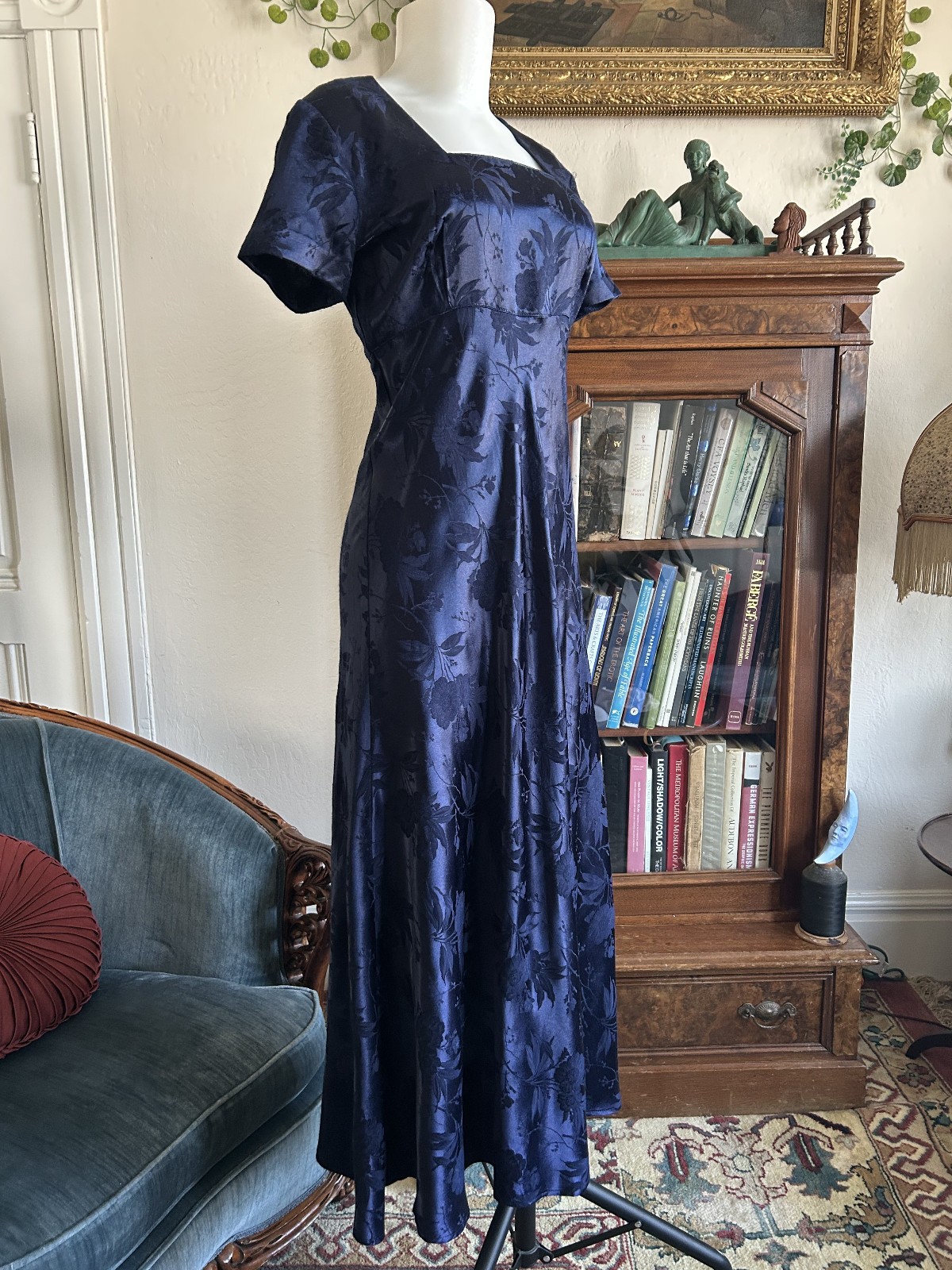 Vintage 1990s Deep Blue Satin Floral Maxi Dress Square Neck Bias Cut S 5/6 Y2K