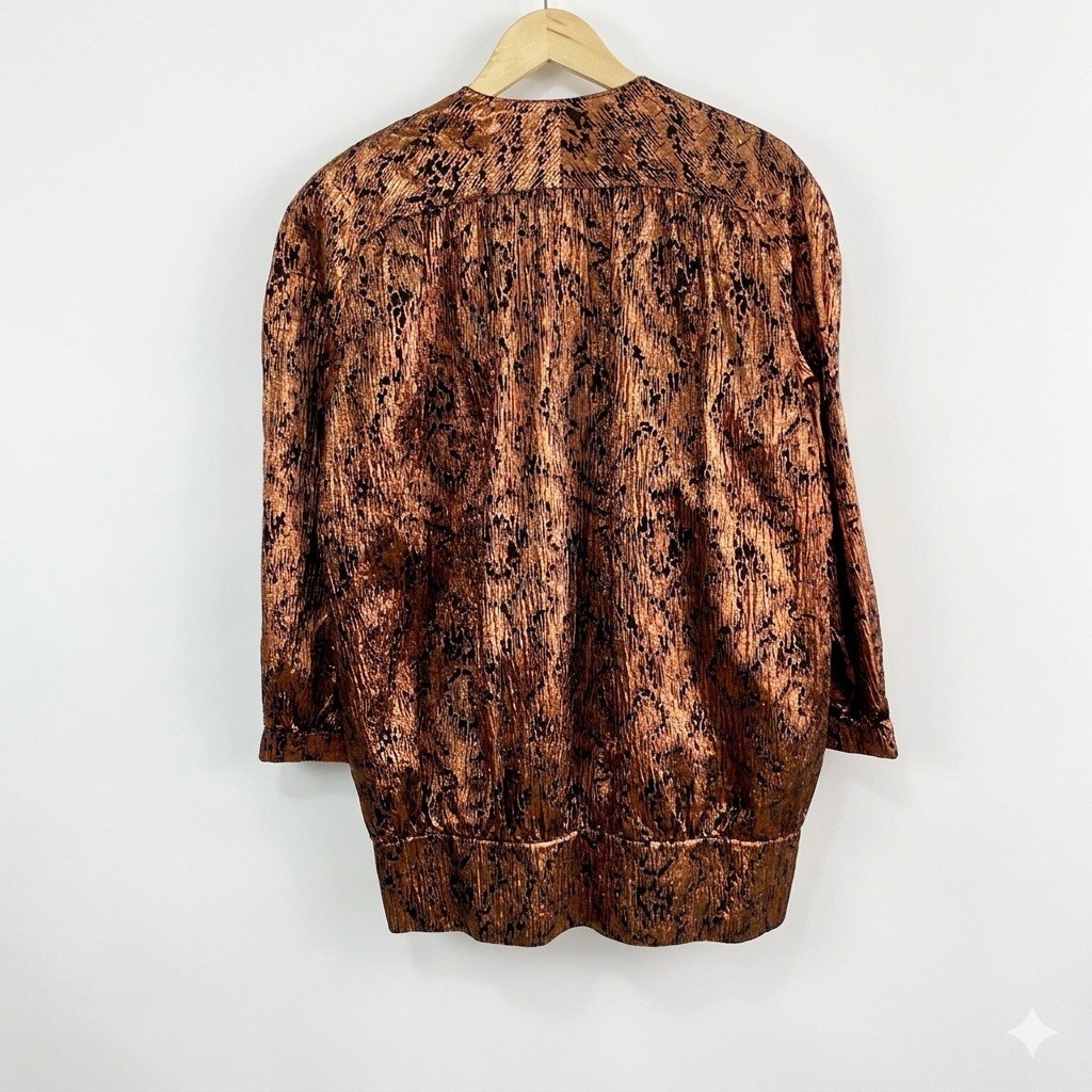 VTG 80s Yvette Creation Paris Metallic Bronze Lamé Oversized Jacket Blazer 42