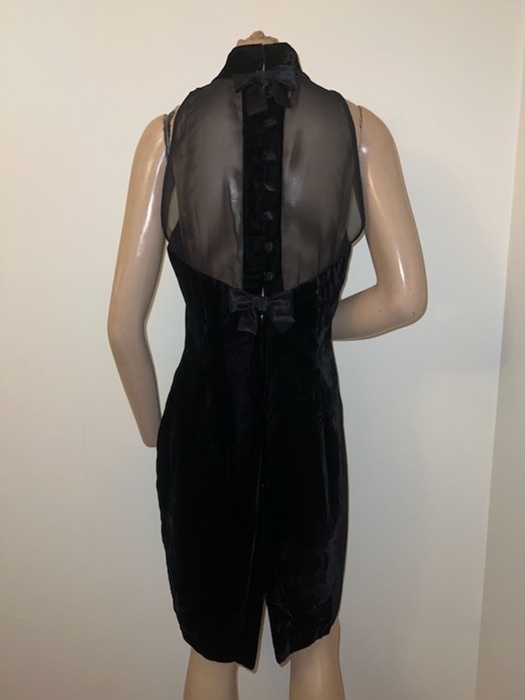 SEXY!! Vintage 80s Donna Ricco Black Velvet Sheer Back Cocktail Party Dress S/M
